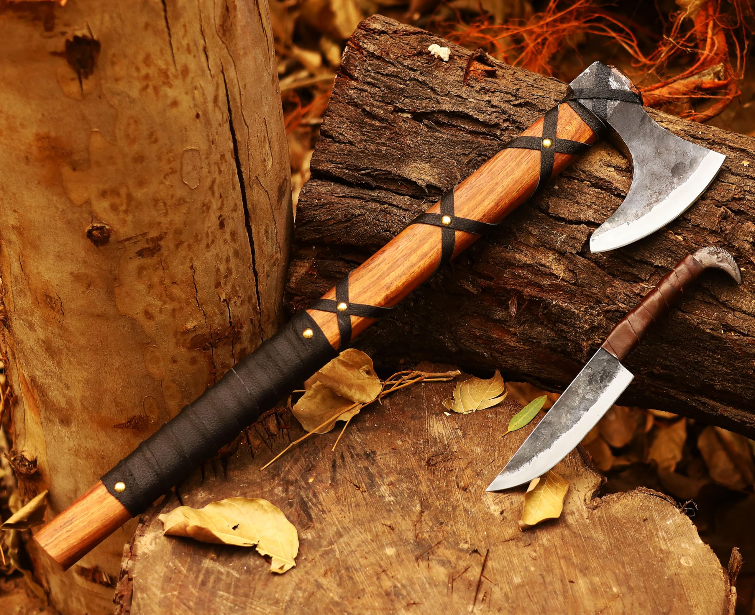 2 in 1 Wikinger-Axt mit Rabenkopf messer Geschmiedet 1095 Kohlenstoffstahl Palisandergriff Nordische Camping-Überlebensaxt mit leder scheide