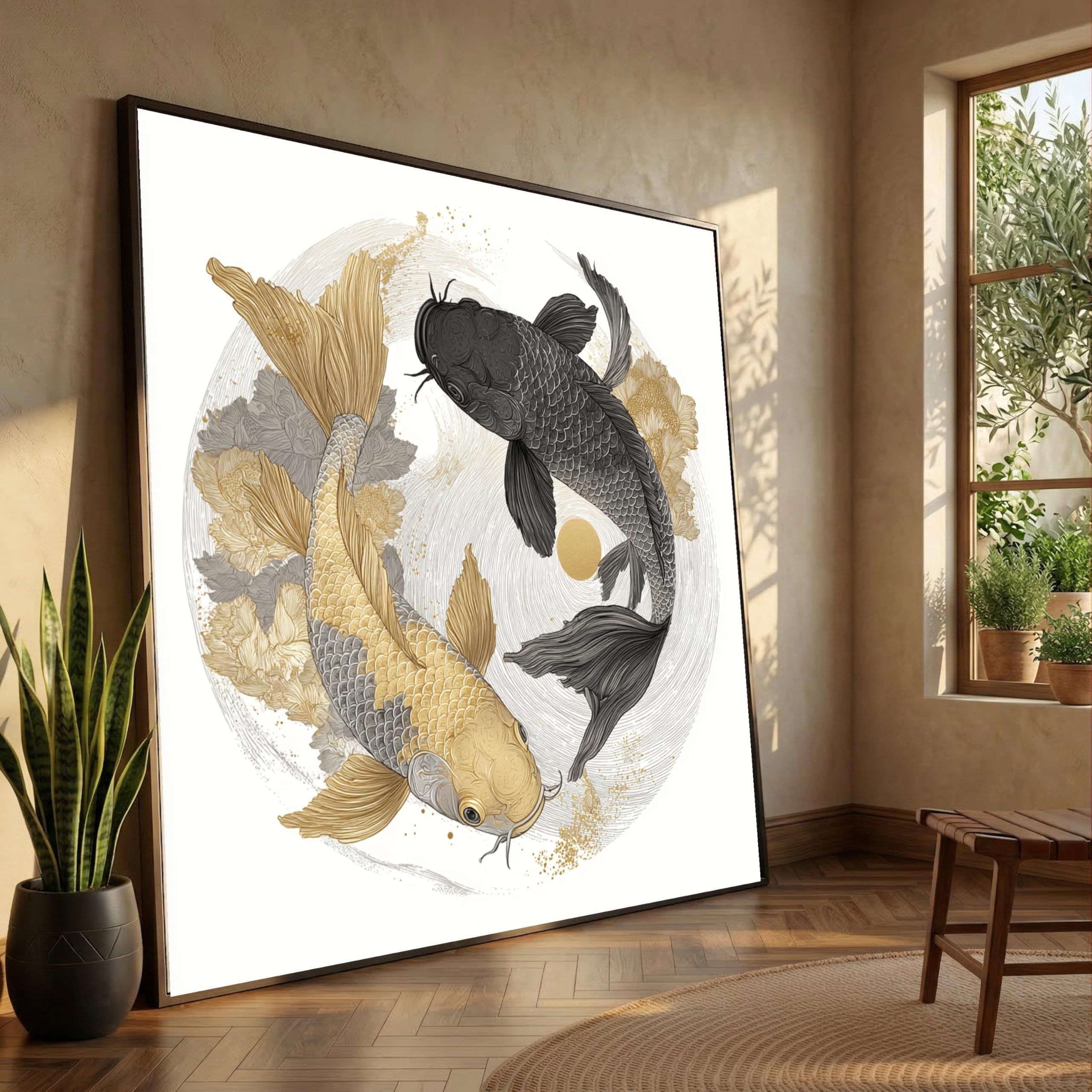 CAOXTART Yin Yang Koi Fish Canvas Oil Painting, Gold and Black Koi Illustration, Zen Wall Art, Home Decor, Tranquil Fish Design(20x20cm/Frameless)