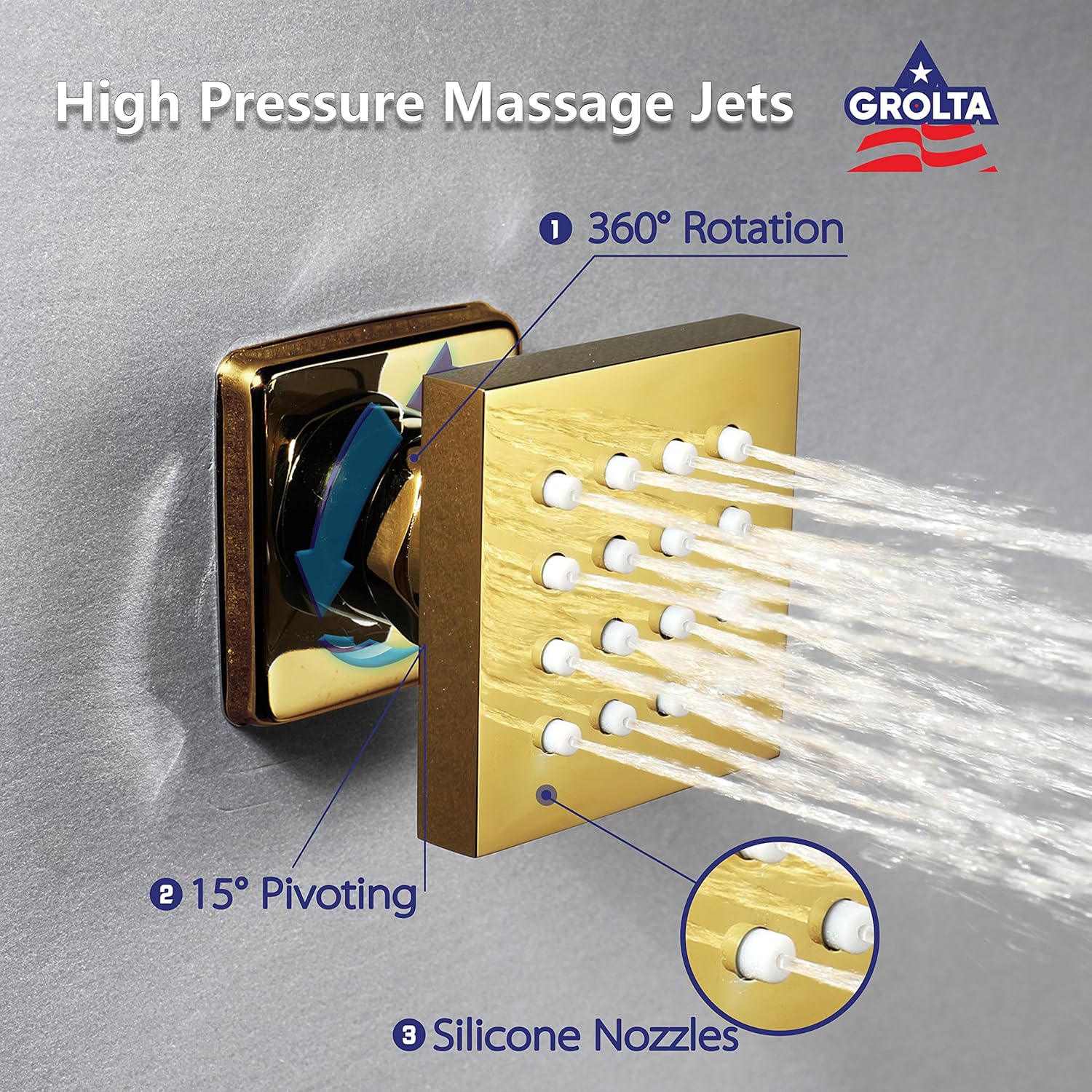 Polished Gold 22 Inch Rainfall Waterfall Shower Head 4 Way Thermostatic Shower Faucet with 6 Body Jets each Function Work All Together and Separately