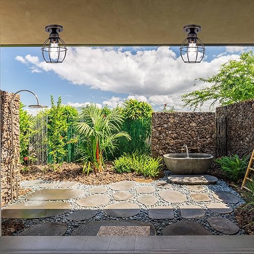 Miniatura 8 de GRUENLICH Lámpara de techo semiempotrada para exteriores e interiores, base mediana E26 de 60 W máximo, carcasa de metal y jaula de metal, bombilla