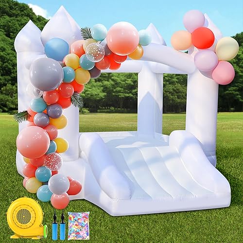 White Bounce House for Kids: Portable Inflatable Bouncy House with Blower for Indoor Outdoor Birthday Party, Wedding - Small Bouncy Castle with Slide and Storage Bag for Kids 3-6