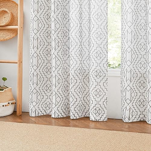 Miniatura 5 de RYB HOME Cortinas traslúcidas de 84 pulgadas de largo para sala de estar, lino natural, geométrico, folclórico, cortinas de ventana lavables para
