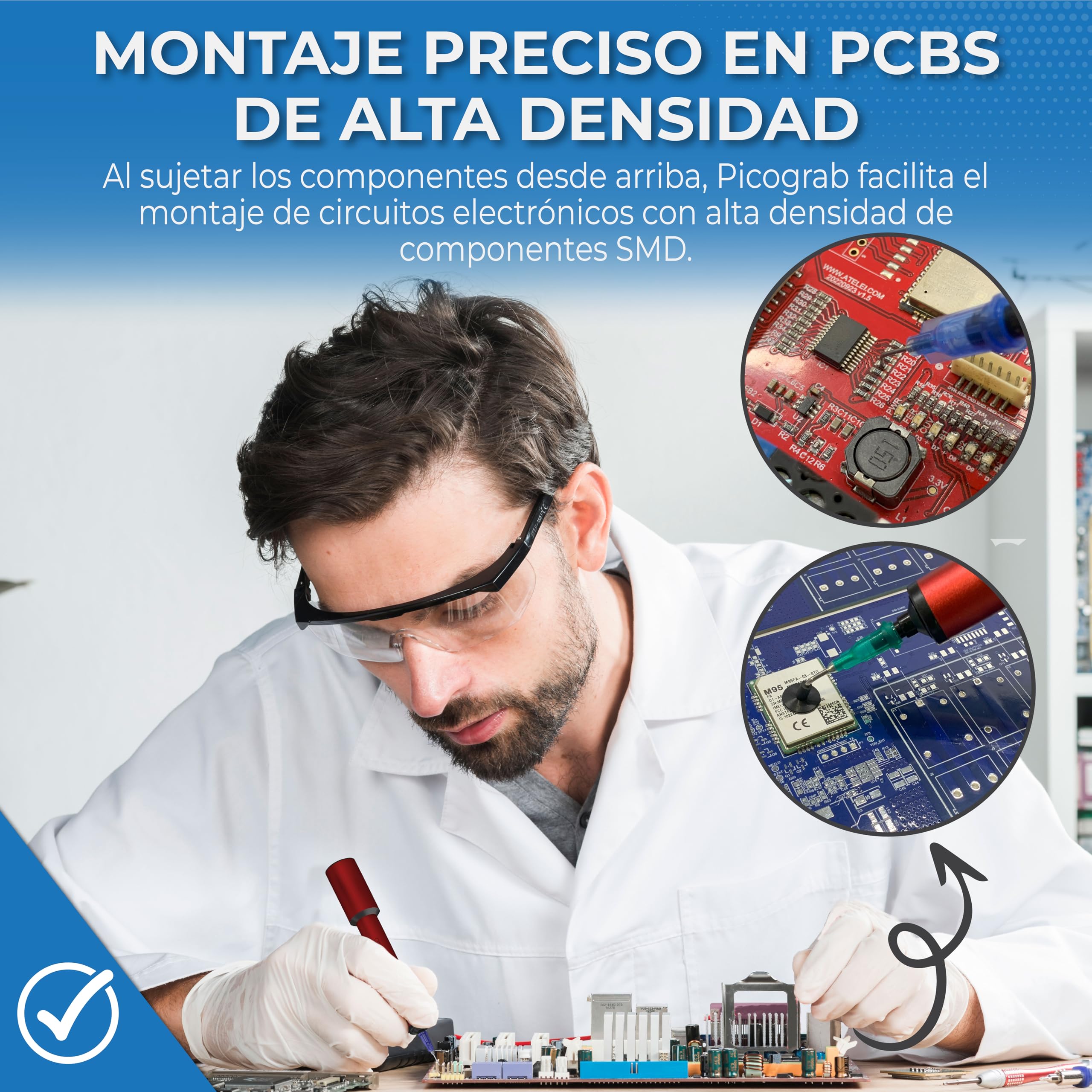 Lápiz de vacío ESD recargable para colocación de componentes IC y retrabajo de chips SMD, con 3 ventosas, 6 boquillas intercambiables, cuerpo de aluminio, puerto USB-C y hasta 10 horas de batería.