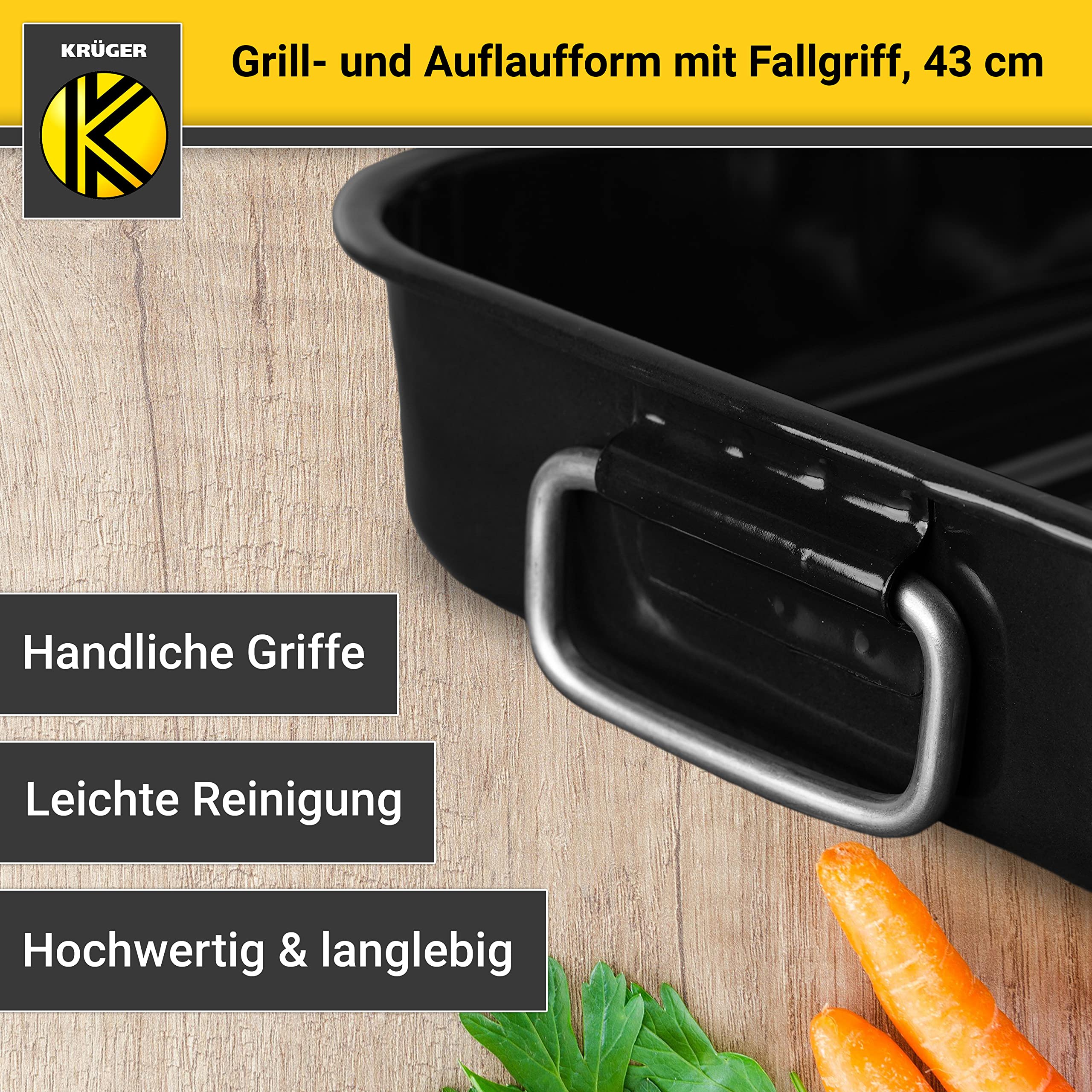 Krüger Emaille Grill- und Auflaufform 40 x 29 cm | Mit Edelstahlgriffen