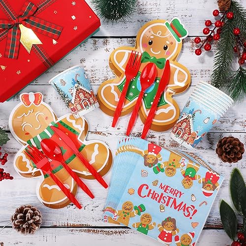 Miniatura 4 de durony Juego de vajilla de 168 piezas de pan de jengibre para fiesta de Navidad, incluye platos de papel, servilletas, vasos, cuchillos, tenedores,