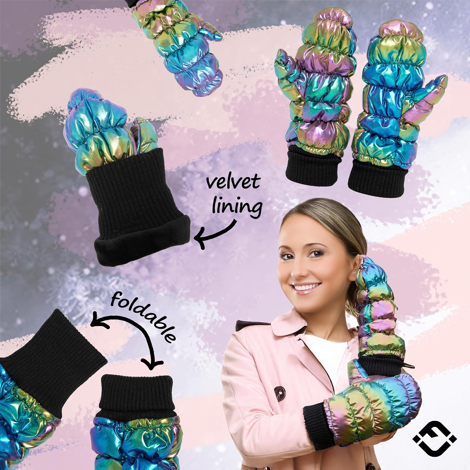 Funky Junque Women's Fleece Lined Puffer Mittens Gloves, Cold Weather Accessory for Ice Skating, Shiny Metallic Knit Cuff