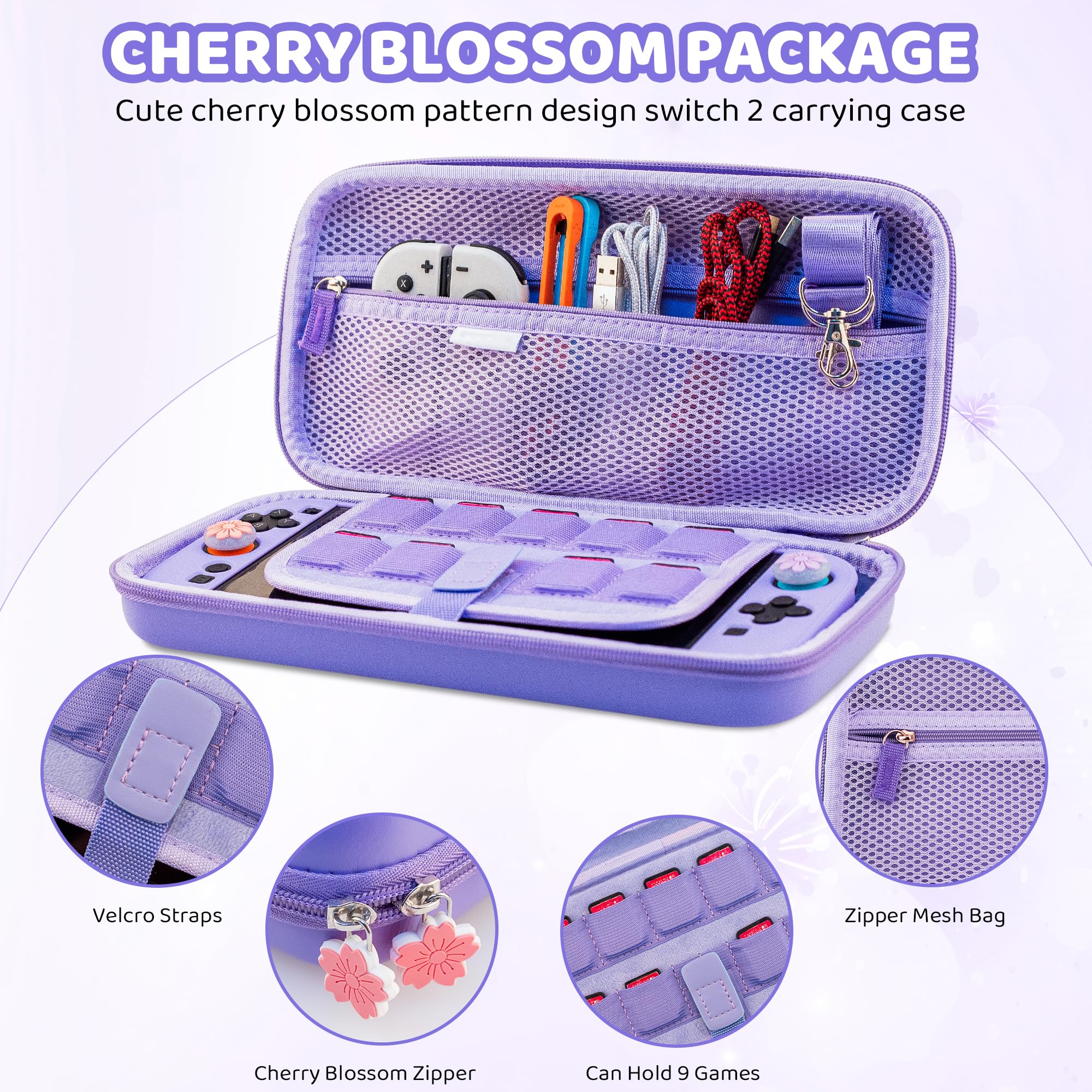 RHOTALL Sakura - Borsa da viaggio per Nintendo Switch 2 (2025) 7,9 pollici, con custodia protettiva e custodia rigida per Switch 2, protezione schermo, 2 tappi per pollice, colore: Viola