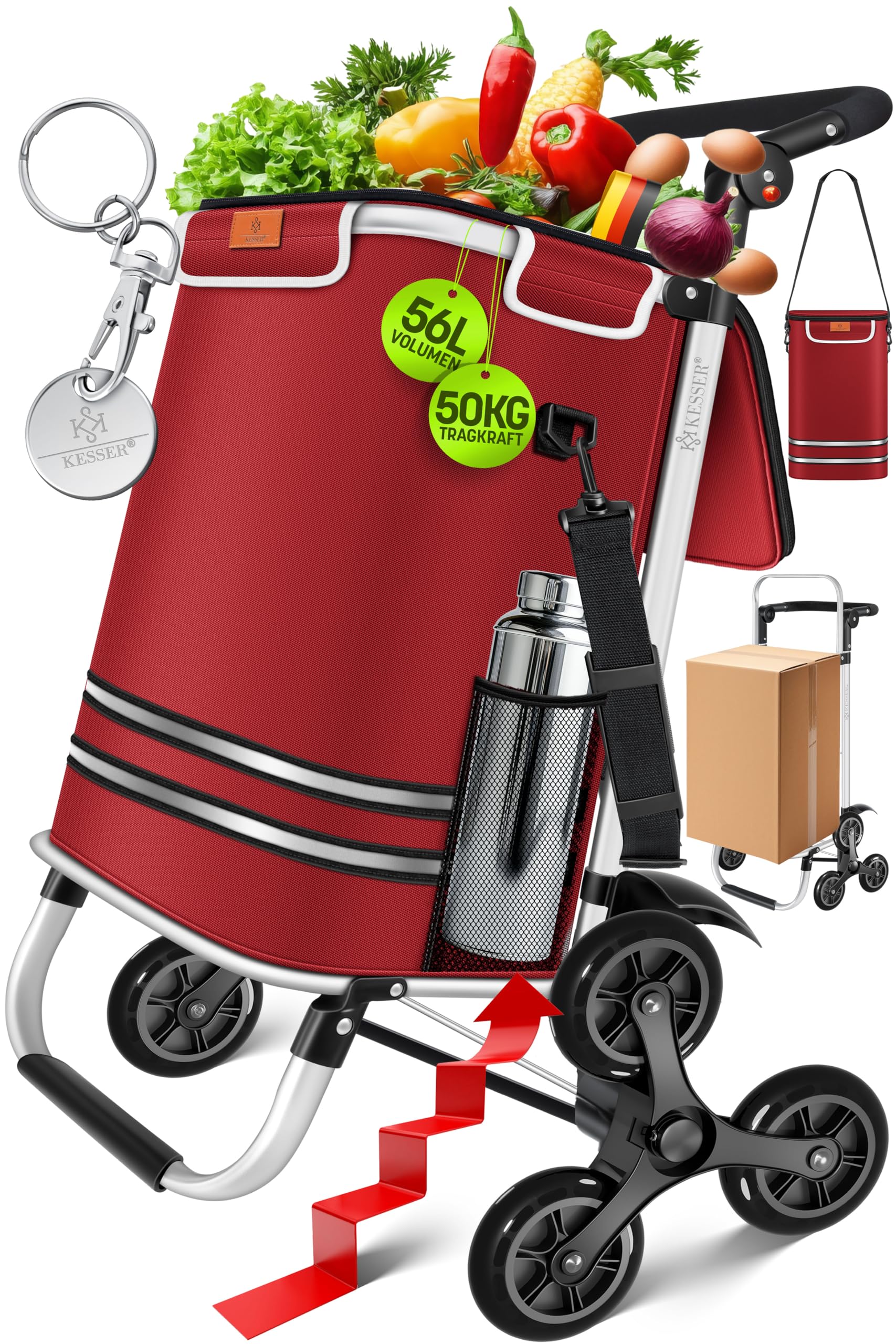 KESSER® Einkaufstrolley Treppensteiger mit Kühlfach klappbar mit 56L Kapazität und belastbar bis 50kg | 3in1 Trolley Sackkarre & Umhängetasche | Faltbarer Einkaufswagen inkl. Einkaufschip, Bordeaux
