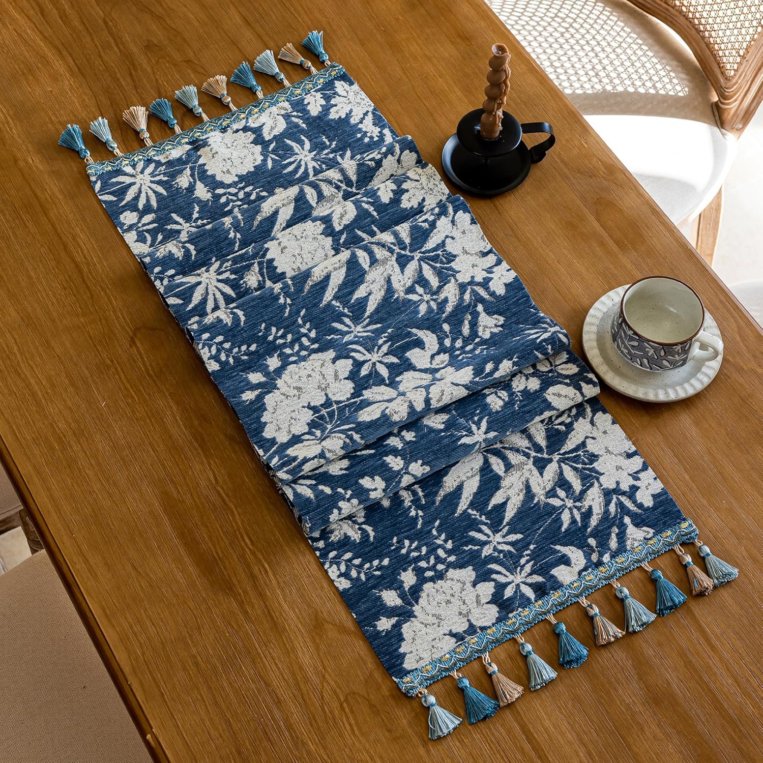Fall Chenille Table Runner 14 x 95 Inch – 3D Jacquard with Tassels, Warm Luxury Dining Decor for Thanksgiving, Christmas, Wedding, Fireplace, Party (Blue Floral Garden, 13.7"x95")
