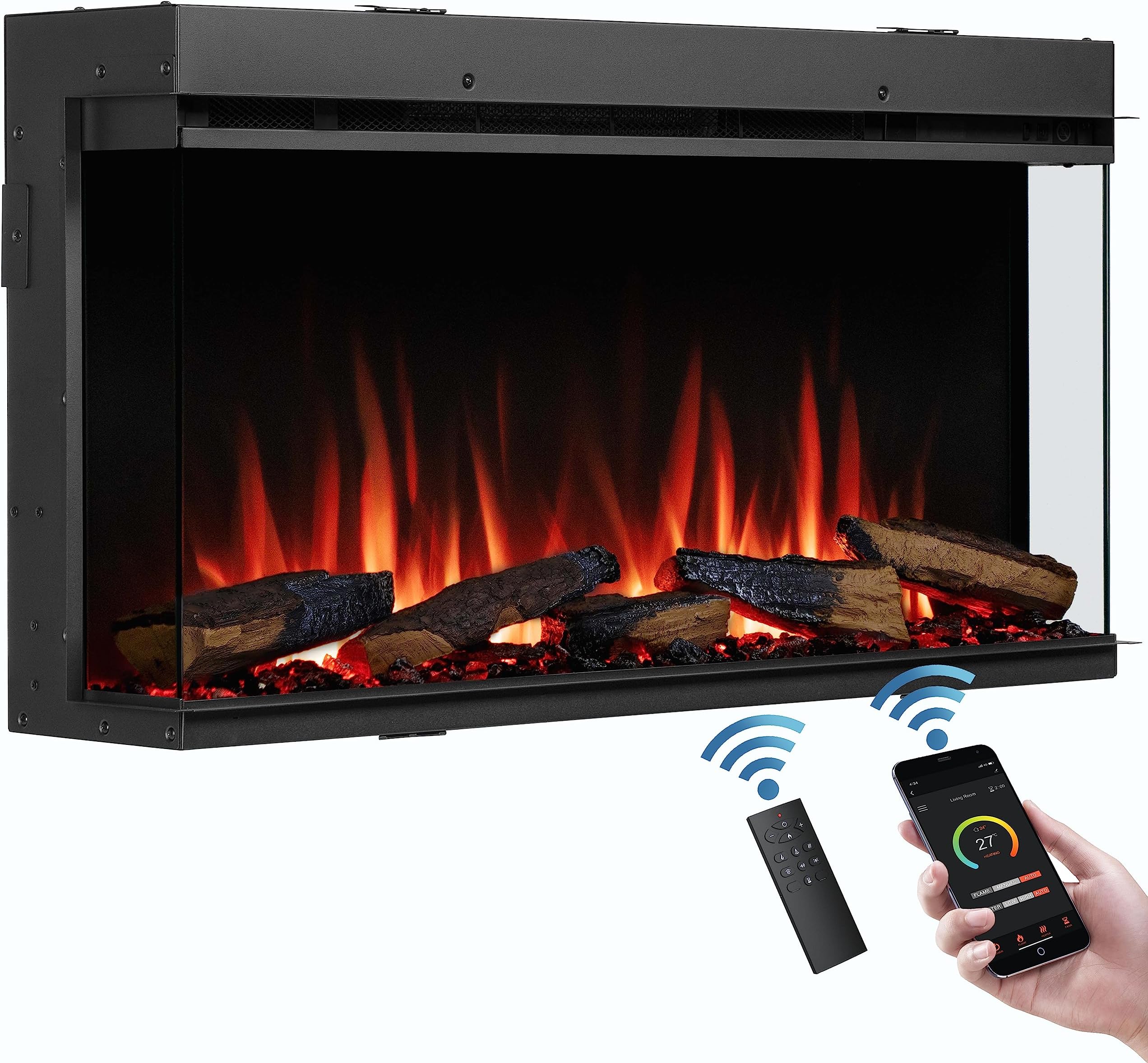 โ FLAMME Knighton 90cm/35" 3-Sided Electric Media Wall Fire, Recessed TV Media Wall, Multiple Flame Colours, Sound Effects and APP Control