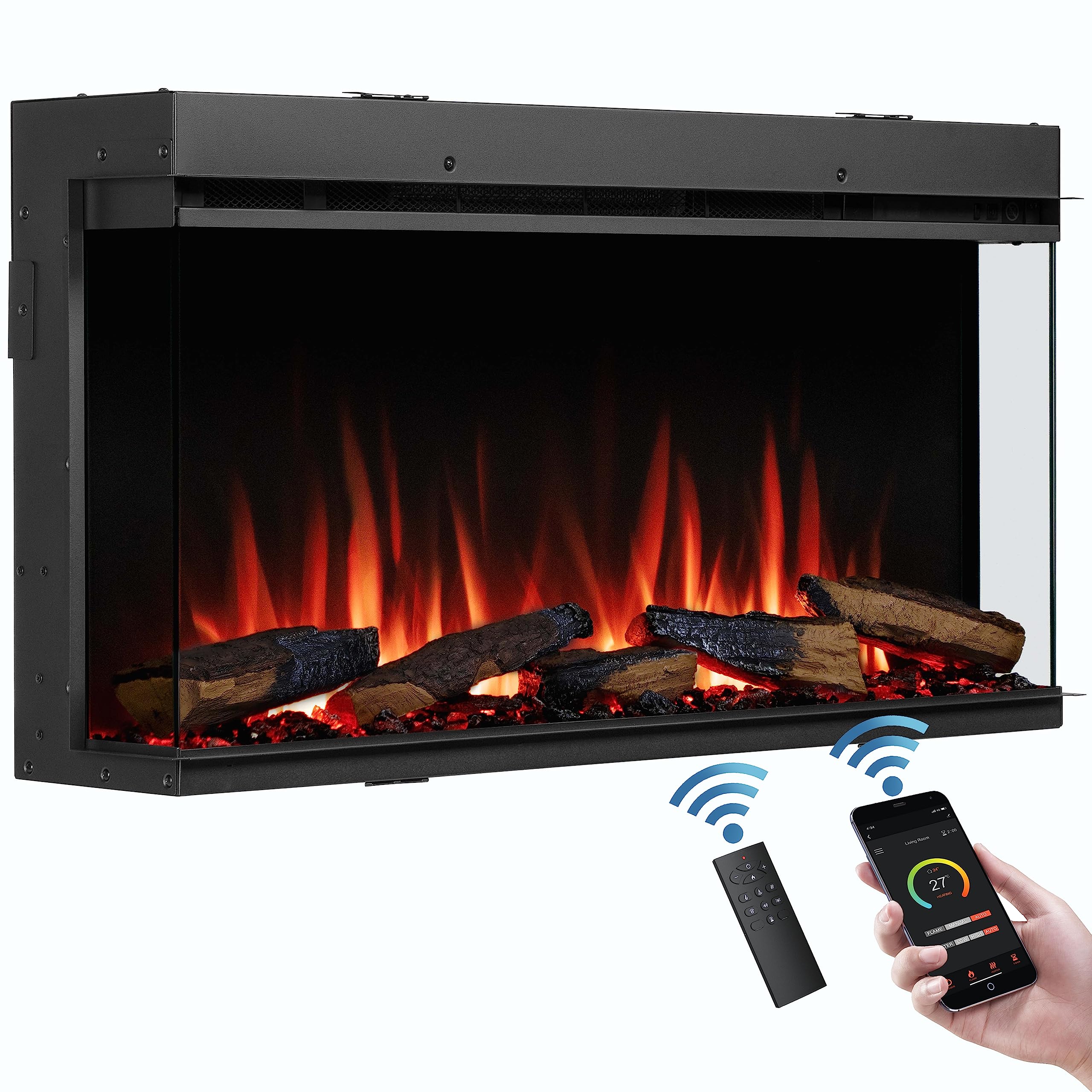 Flamme Black Knighton 90Cm/35" 3-Sided Electric Media Wall Fire, Recessed Tv Media Wall, Multiple Flame Colours, Sound Effects And App Control