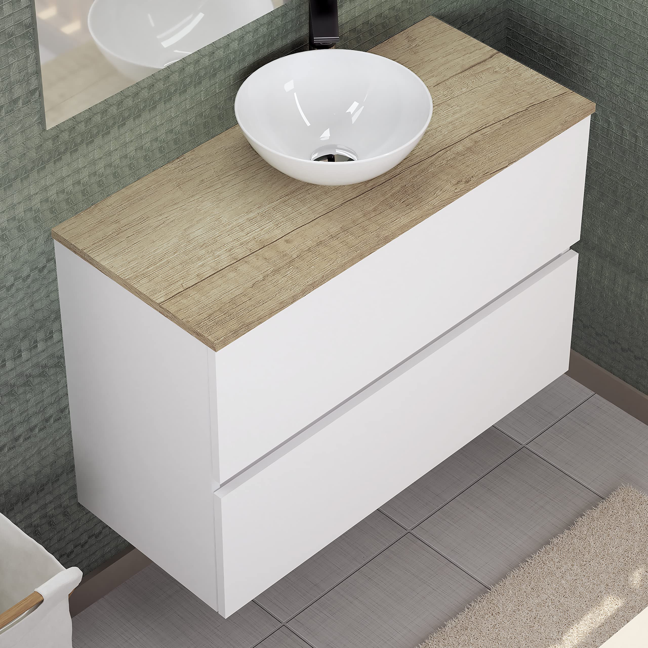 Baikal Conjunto de Mueble de Baño Ness, Especial para baños pequeños. Mueble de Fondo Reducido en 36cm, Incluye Lavabo Cerámico. Mueble MONTADO. Dos Cajones 80 cm Blanco
