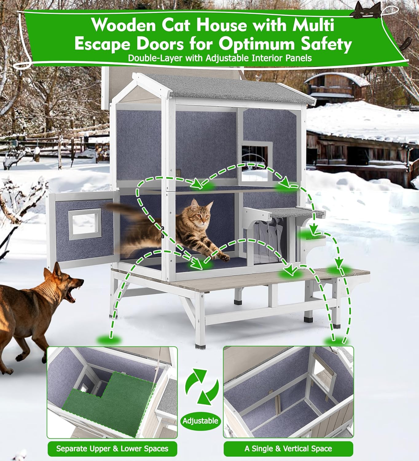 Gowoodhut 2 Story Insulated Outdoor Cat House Weatherproof Feral Cat Shelter for Winter Outside Cat Houses for 2-3 Cats Indoor Pets Condo with Waterproof Roof & Escape Door, 6.3" Raised Base & Balcony