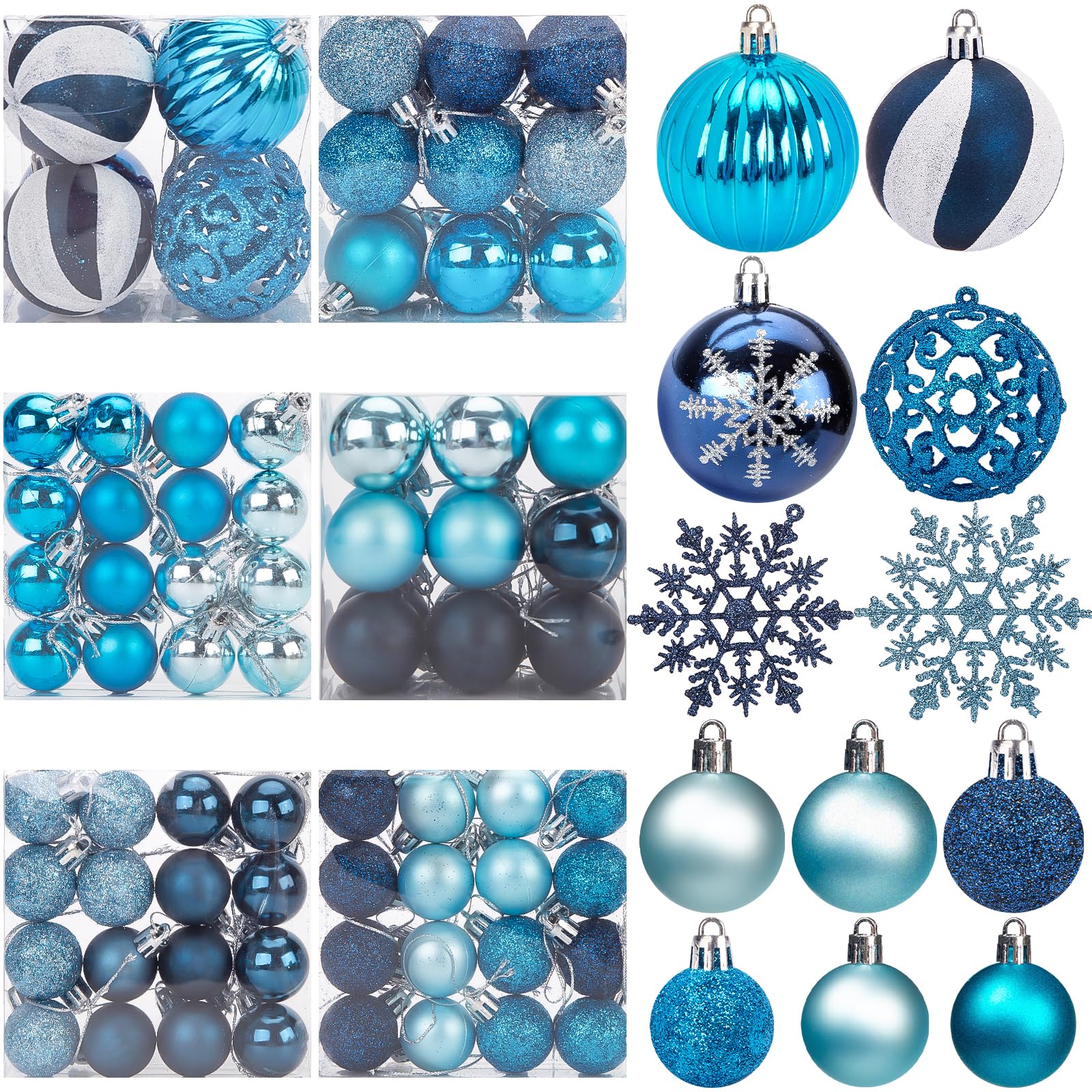 HAKACC 100PCS Christmas Ball Ornaments, Shatterproof Christmas Tree Ornaments Blue Baubles Snowflakes Hanging Ornaments for Xmas Tree Wreath Party Wedding