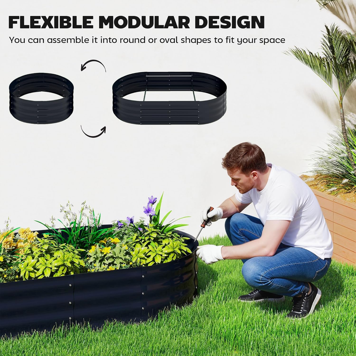 Outsunny Galvanised Raised Garden Bed with Arched Trellis, 5 x 3 x 6ft Metal Outdoor Planter Box with Open Bottom Design, Modular Raised Bed with Gloves for Vegetable Flower, Easy Assembly, Dark Gray