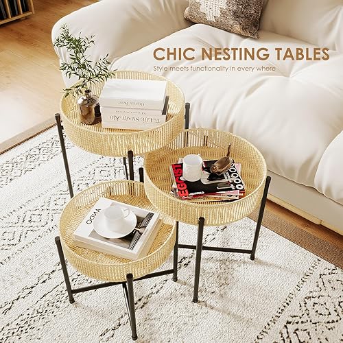 Miniatura 24 de Bamworld Mesa auxiliar de ratán para sala de estar, mesa auxiliar bohemia de 2 niveles con almacenamiento, mesa de noche moderna de mediados de Mesa