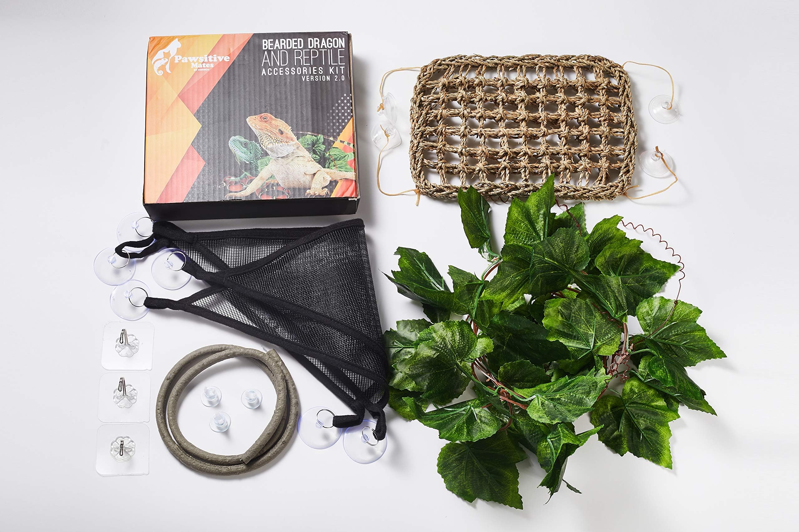 PawsitiveMates Bearded Dragon Accessories and Climbing Kit: Bearded Dragon and Lizard Hammocks,Reptile Vines, leaves, hooks.Works as Reptile Tank Habitat Decor for Gecko, Snakes, Lizards,Chameleon.
