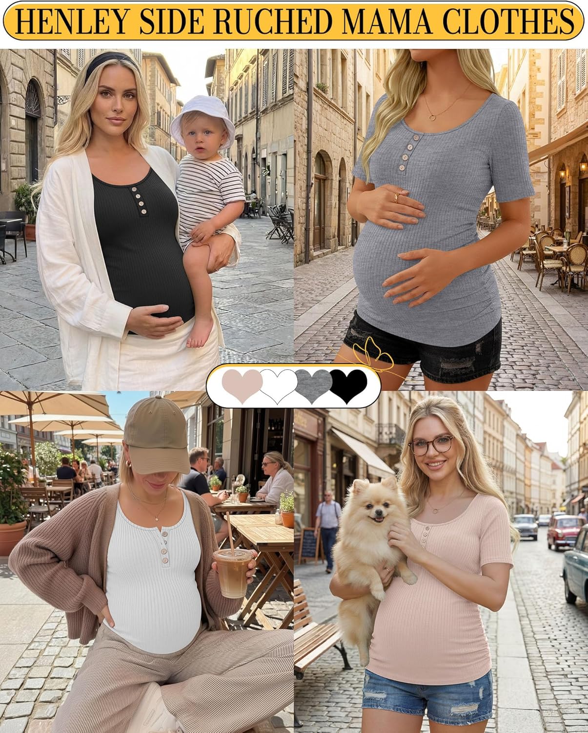 4 Pack Womens Maternity Shirts Scoop Neck Cotton Short Sleeve Ribbed Pregnancy Top Henley Side Ruched Mama Clothes - Image 2