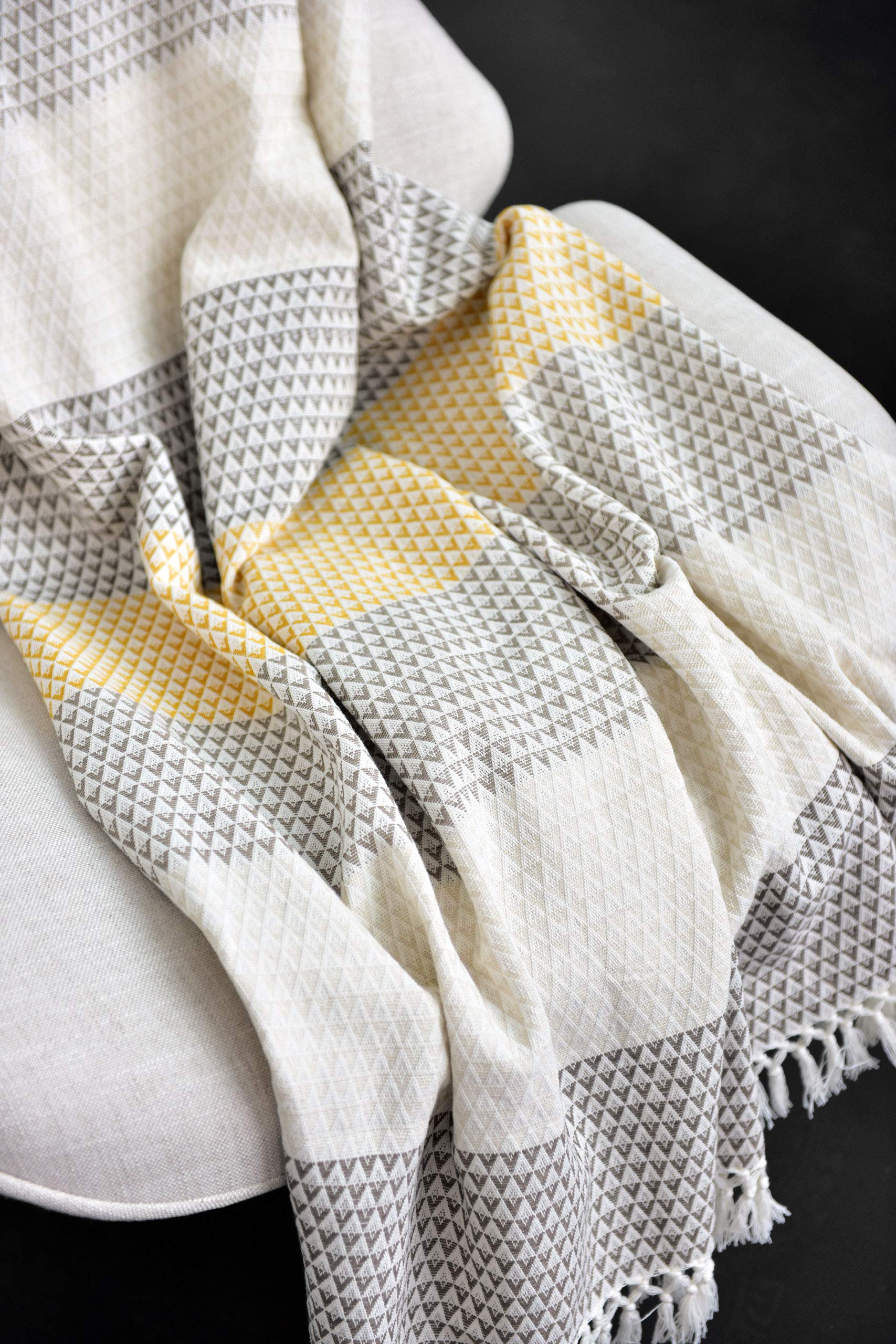 Plaid Dana, 150x200 cm, Blanco Marrón Amarillo, Estampados, Boho, Algodón, Manta Suave, Manta de Sofá, Colcha de Picnic