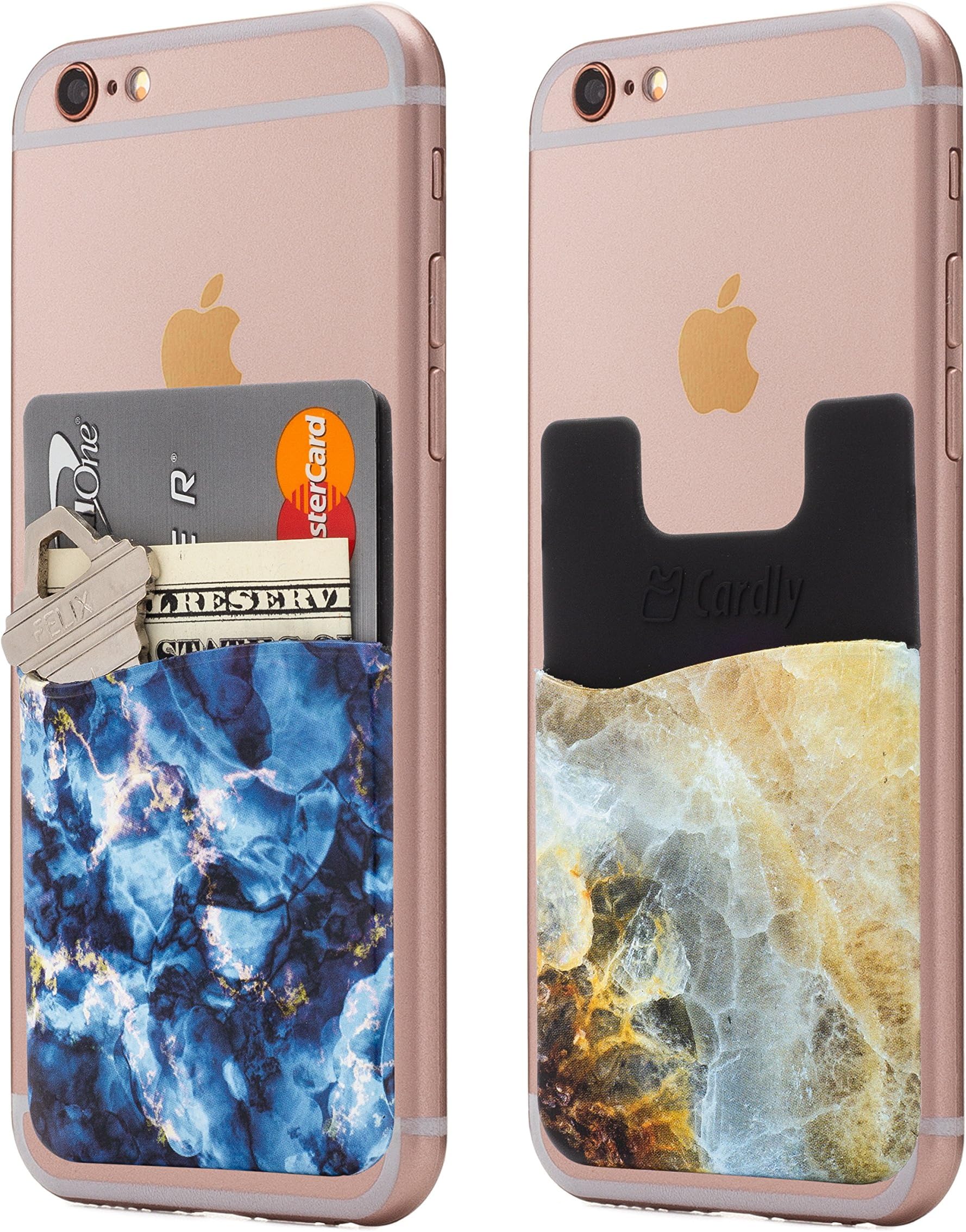 (Two Cell Phone Stick on Wallet Card Holder Phone Pocket for iPhone, Android and All Smartphones. (Blue)