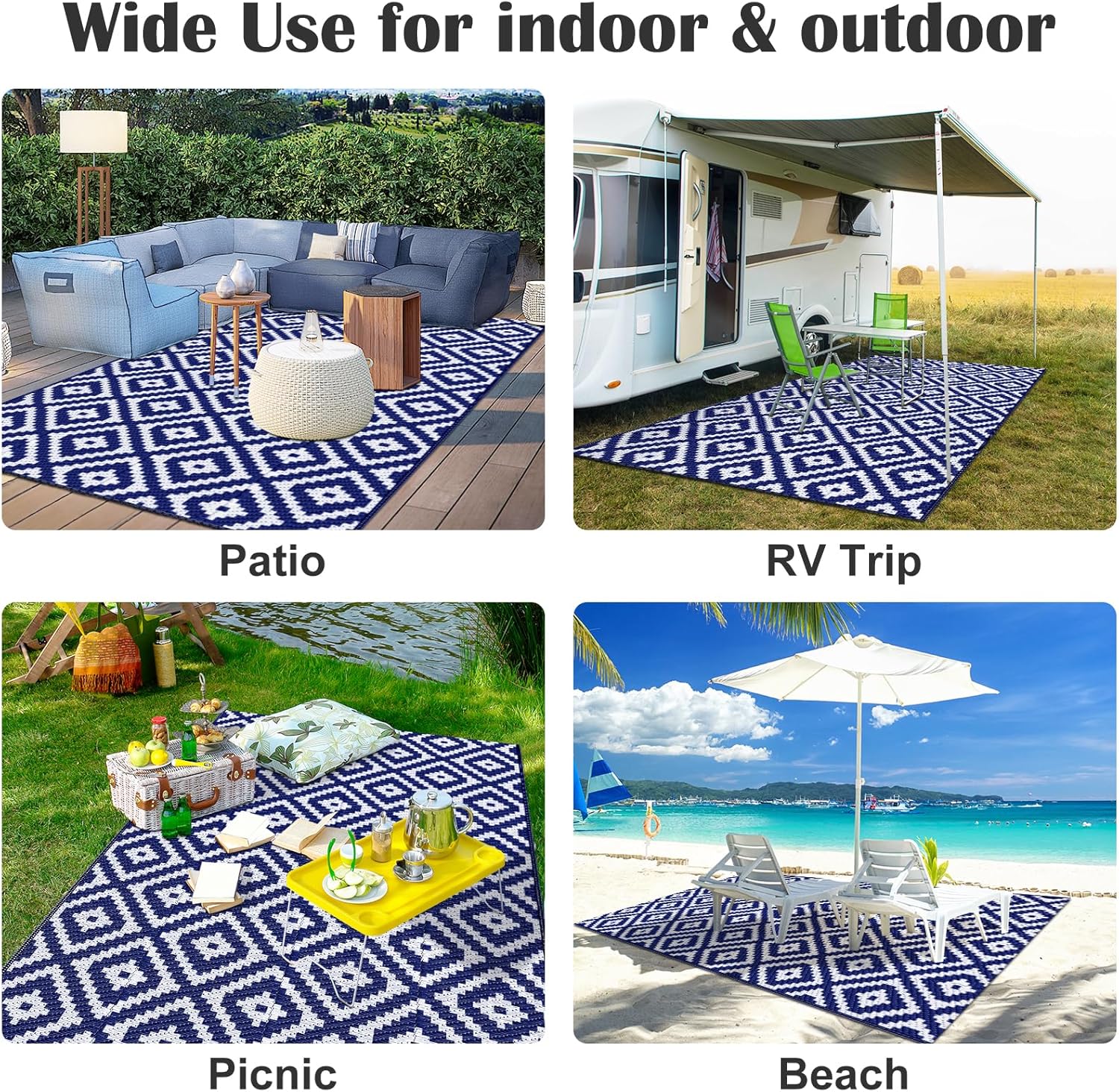 Mattitude Waterproof Outdoor Rug 4x6 Ft Outdoor Plastic Straw Rug Reversible Patio Rug Large Outdoor Carpet Area Rug for Patio Backyard Picnic Beach Camping RV Blue