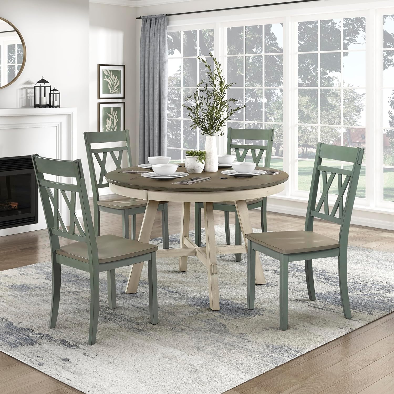 Homelegance 5-Piece Dining Set for 4, Wood Kitchen Table Set with Round Table and 4 Side Chairs,Double Cross Back for Dining Room/Breakfast Nook/Kitchen, Two-Tone Finish (Greywash and Antique Teal)