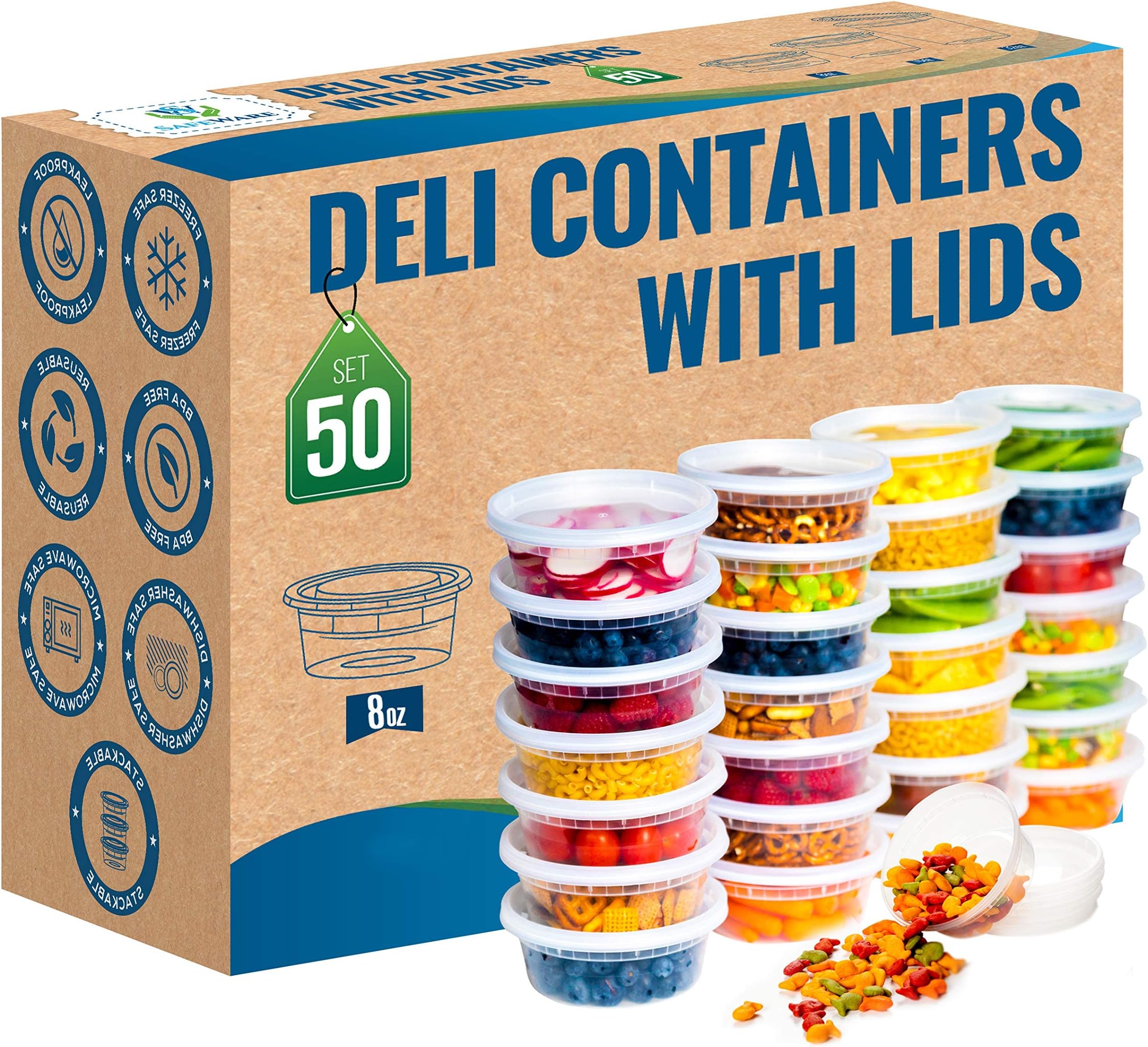 Deli Plastic Food Containers with Airtight Lids [50 Sets], Leakproof Slime Small Combo Pack [Reusable, Storage, Disposable, Meal Prep, Soup, Microwaveable & Freezer Safe] (8oz)