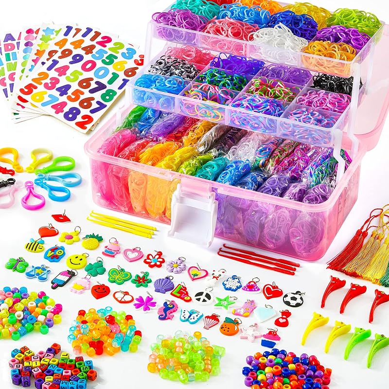 17500+ Rubber Loom Bands with 3 Layer Pink Container, 28 Colors, 600 S-Clips, 352 Beads, 40 Cartoon Pendant, Bracelet Making Refill Kit for Kids