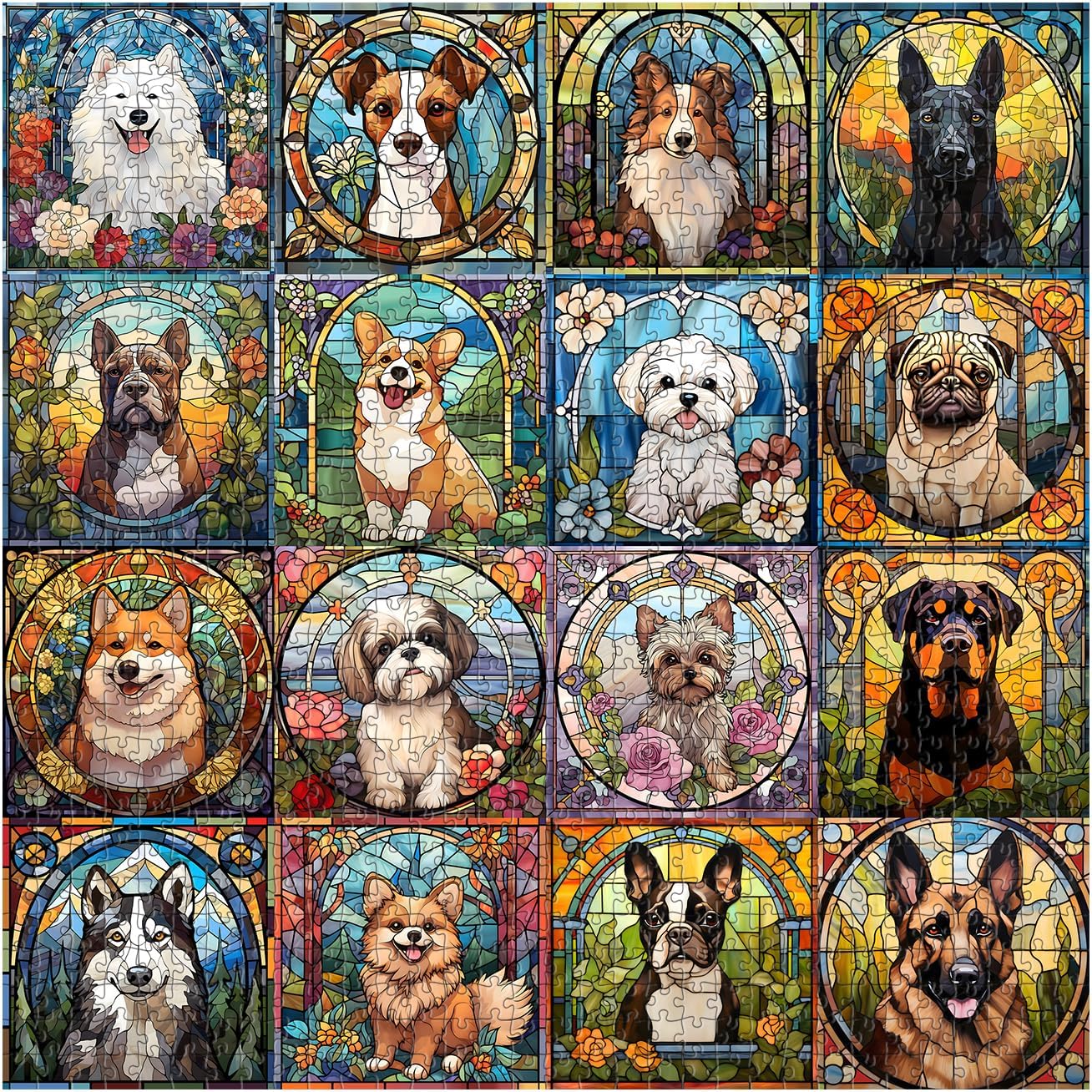 Stained Glass Puzzle, Dog Puzzles for Adults 1000 Pieces, Colorful Animal Puppy Collage Puzzles 1000 Pieces Corgi Bulldog, Hard Difficult Impossible Challenging Jigsaw Puzzles