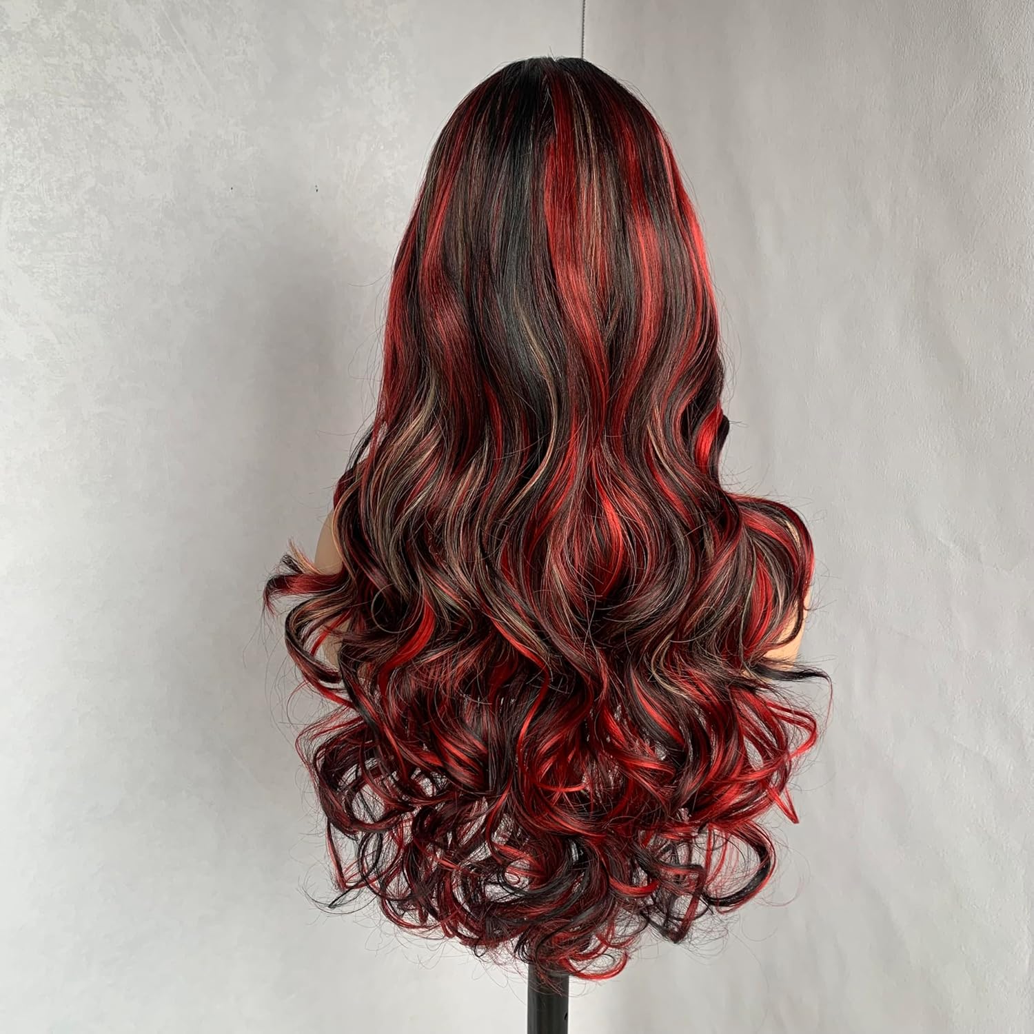 24inch Pre Plucked Syntehtic Lace Front Wig Light Blonde Red mix Black Wig for Women Long Small Forehead Lace Skunk Stripe Curly Wigs Easy to Wear for Daily Life and Party Use