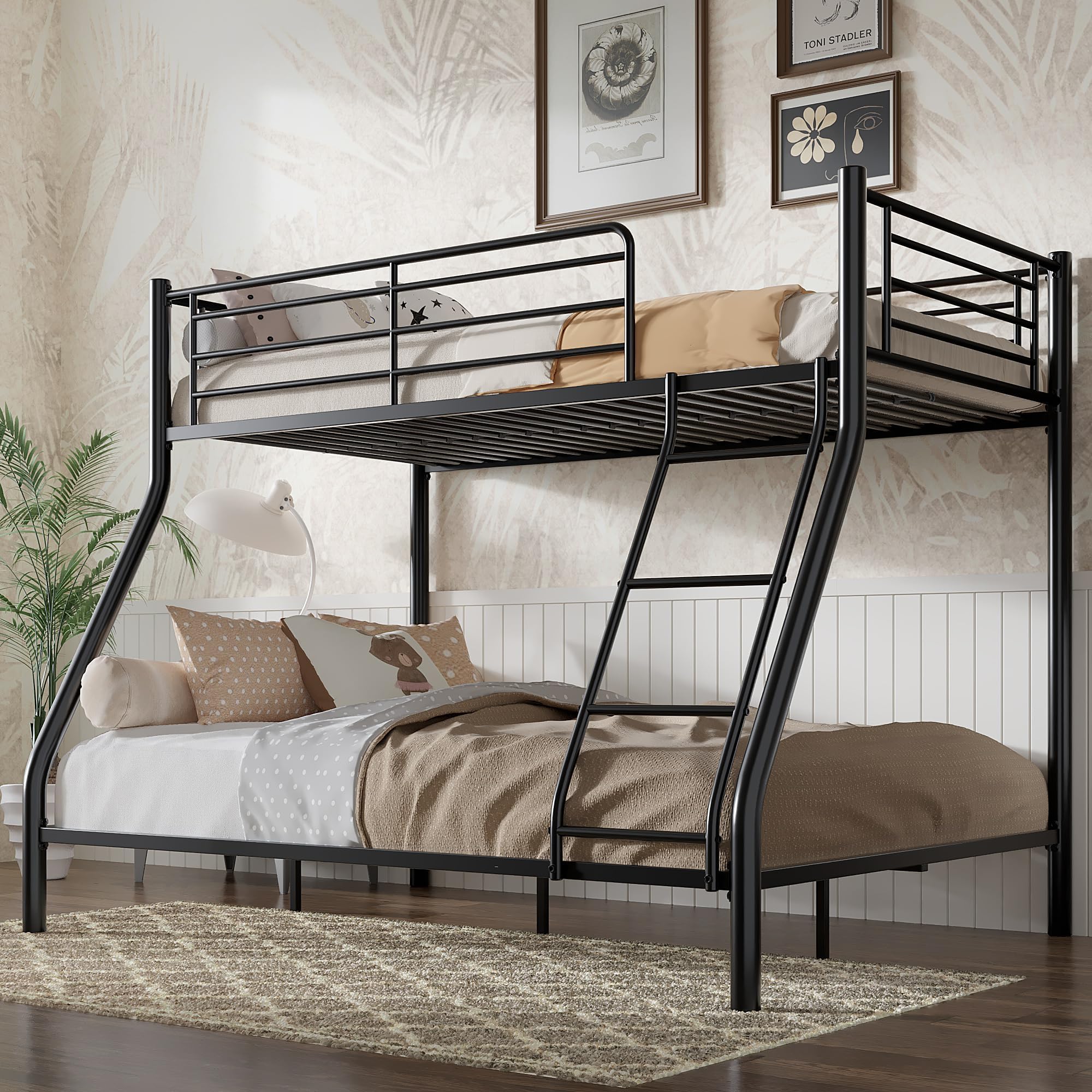 VECELO Bunk Bed Twin Over Full, Metal Bunkbeds with Ladder and Full-Length Guardrail, No Box Spring Needed, Space Saving, Noise Free, Matte Black