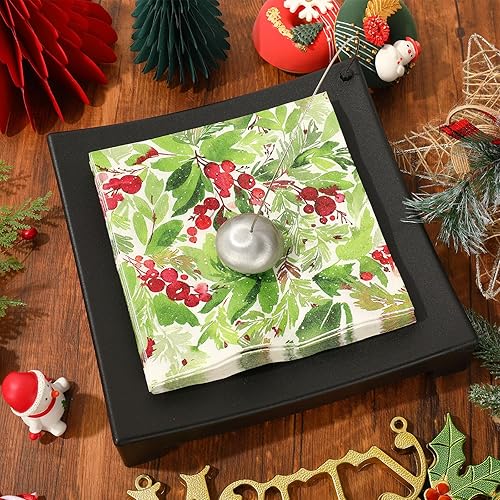 Miniatura 4 de AnyDesign - Servilleta de papel de Navidad de 6.5 x 6.5 pulgadas con muérdago en acuarela, servilleta desechable para decoración de fiestas en el