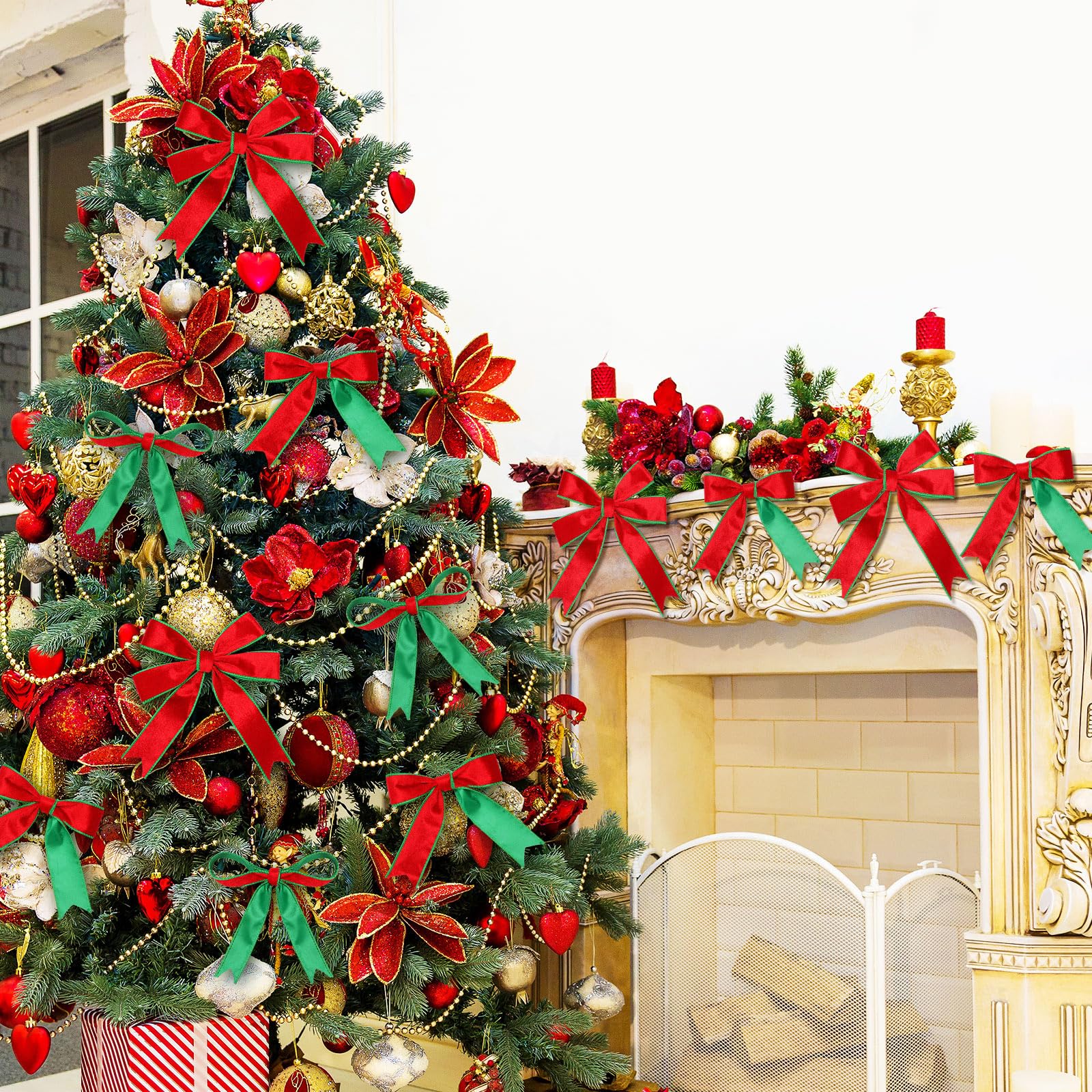 Yunlly 3 Rollen Weihnachts-Samtband mit Draht, 1,5 cm, 2,5 cm, 3,8 cm, doppelseitiges Samtband für Baumdekoration, Geschenkverpackung, Handwerk, Kränze, insgesamt 27,7 m (rot und grün)