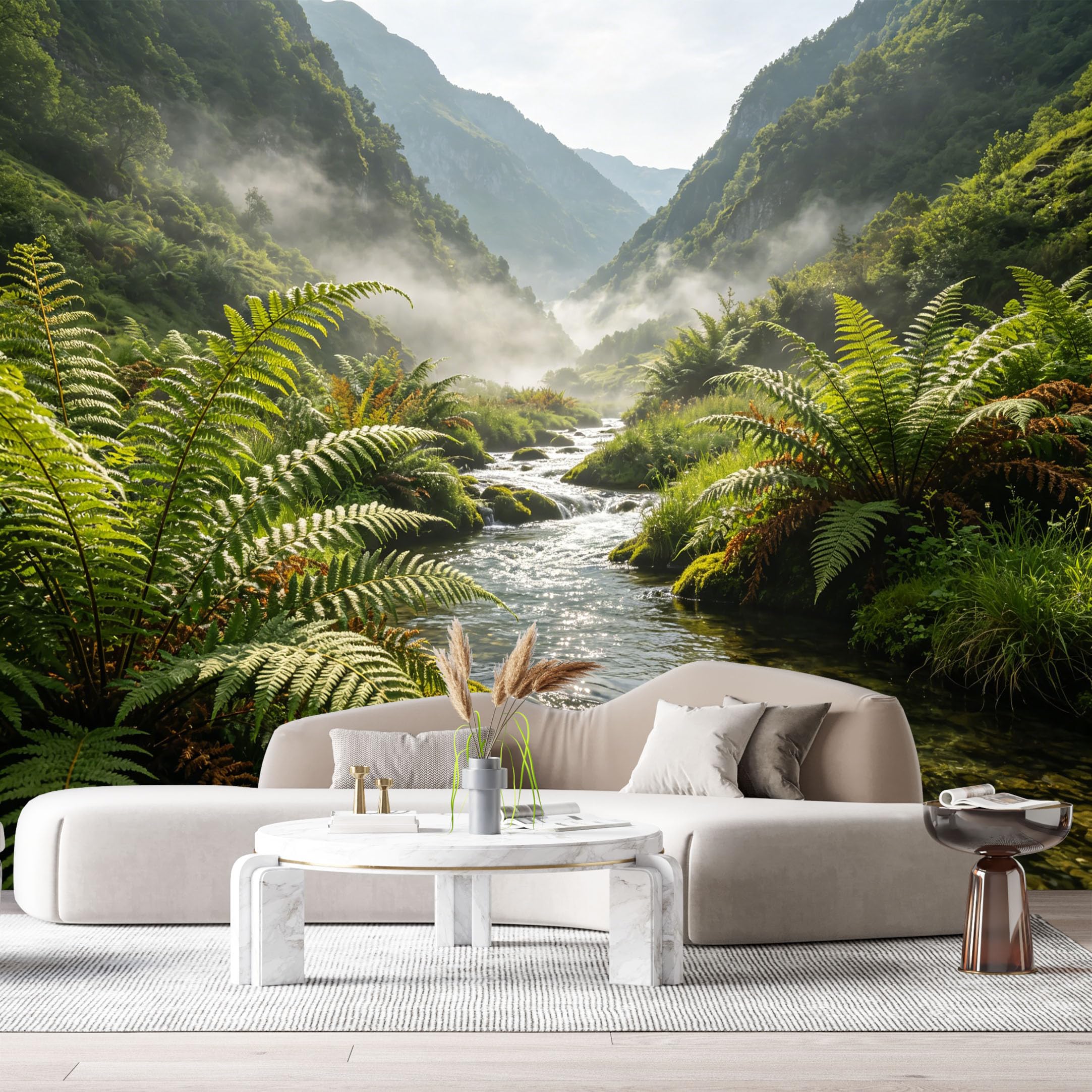 Custom Size Wall Murals Misty Forest Landscape River Valley Ferns Mountain Stream SelfAdhesive Wall Fabric Removable Large Wallpaper for Photo Living Room