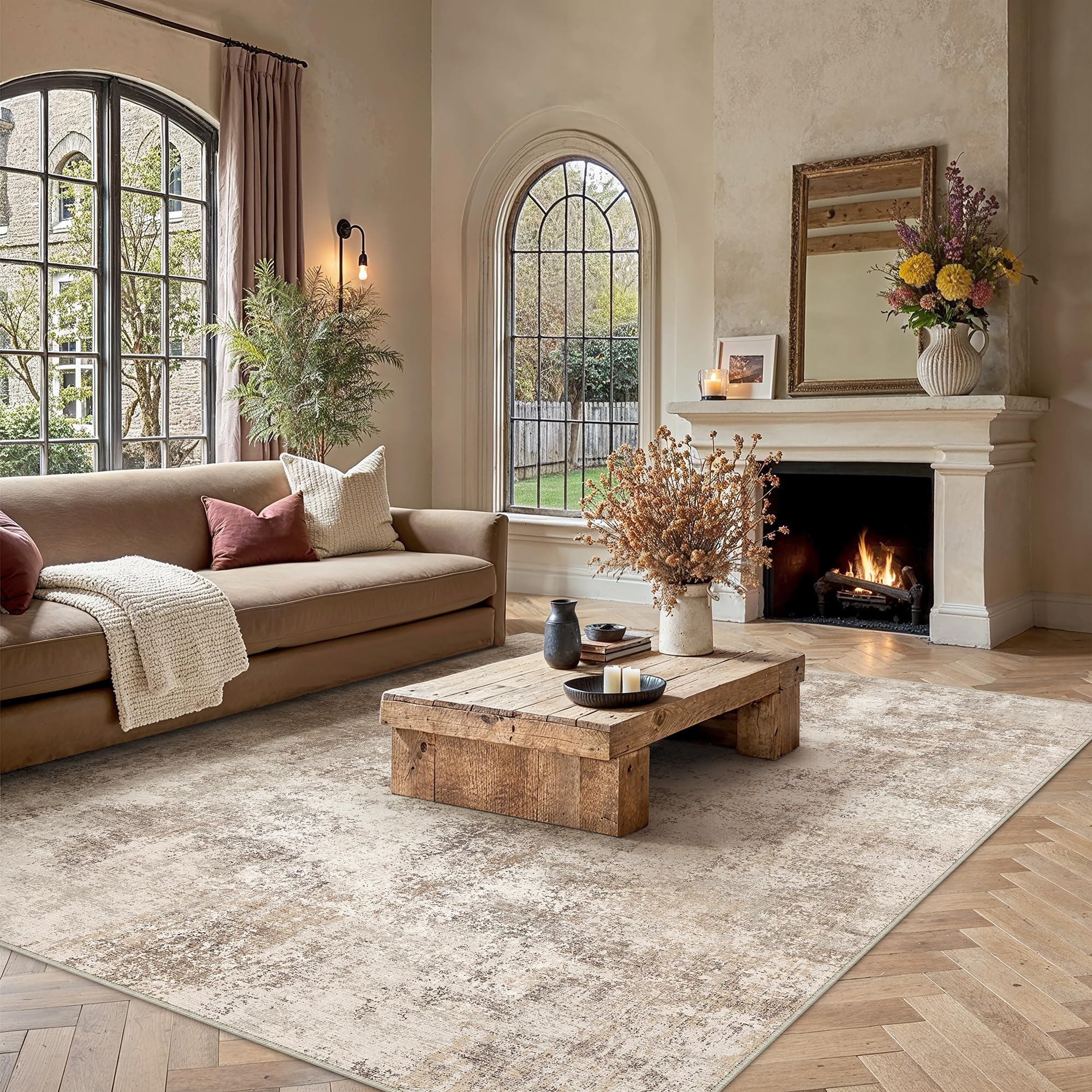 PureCozy Brown Abstract Area Rug Living Room Extra Large 240x300 cm Machine Washable Light Brown Non Slip XXL Rugs for Bedroom Dining Room Home Office, Soft Low Pile Carpet for Home Indoor Decor