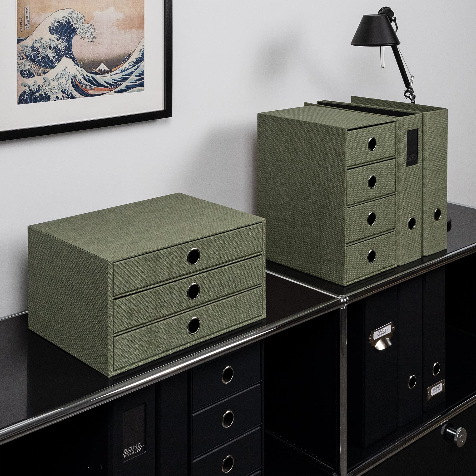 Rössler - S.O.H.O. Meuble à 3 tiroirs A4 34 x 25 x 19 cm Sauge | Organiseur de bureau pour documents, dossiers, fournitures de bureau et rangement organisé