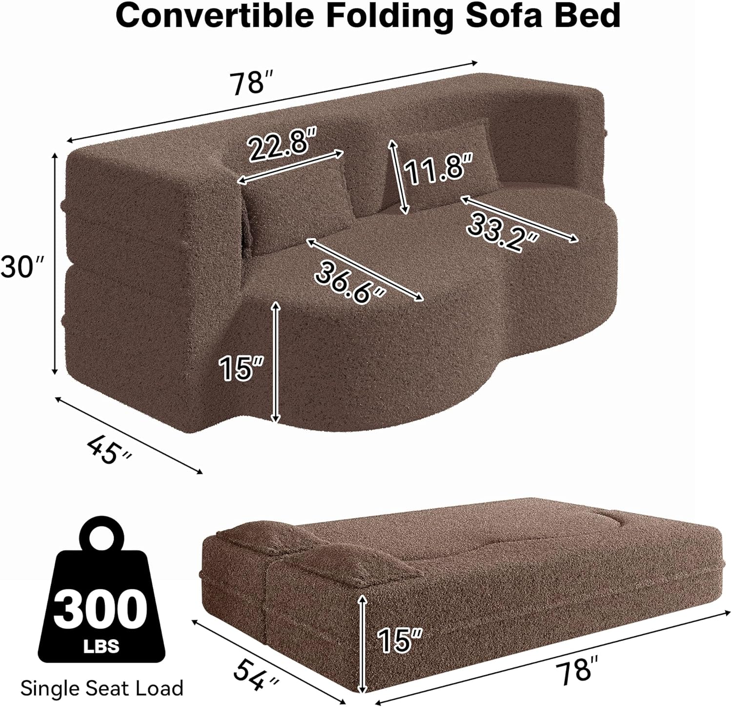 78" Full Size Convertible Folding Sofa Bed, Modern Teddy Fabric Futon Sofa Bed with 2 Pillows, Foam Mattress Futon Loveseat Couch, No Assembly Floor Couches for Living Room, Playroom, Apartment, Brown