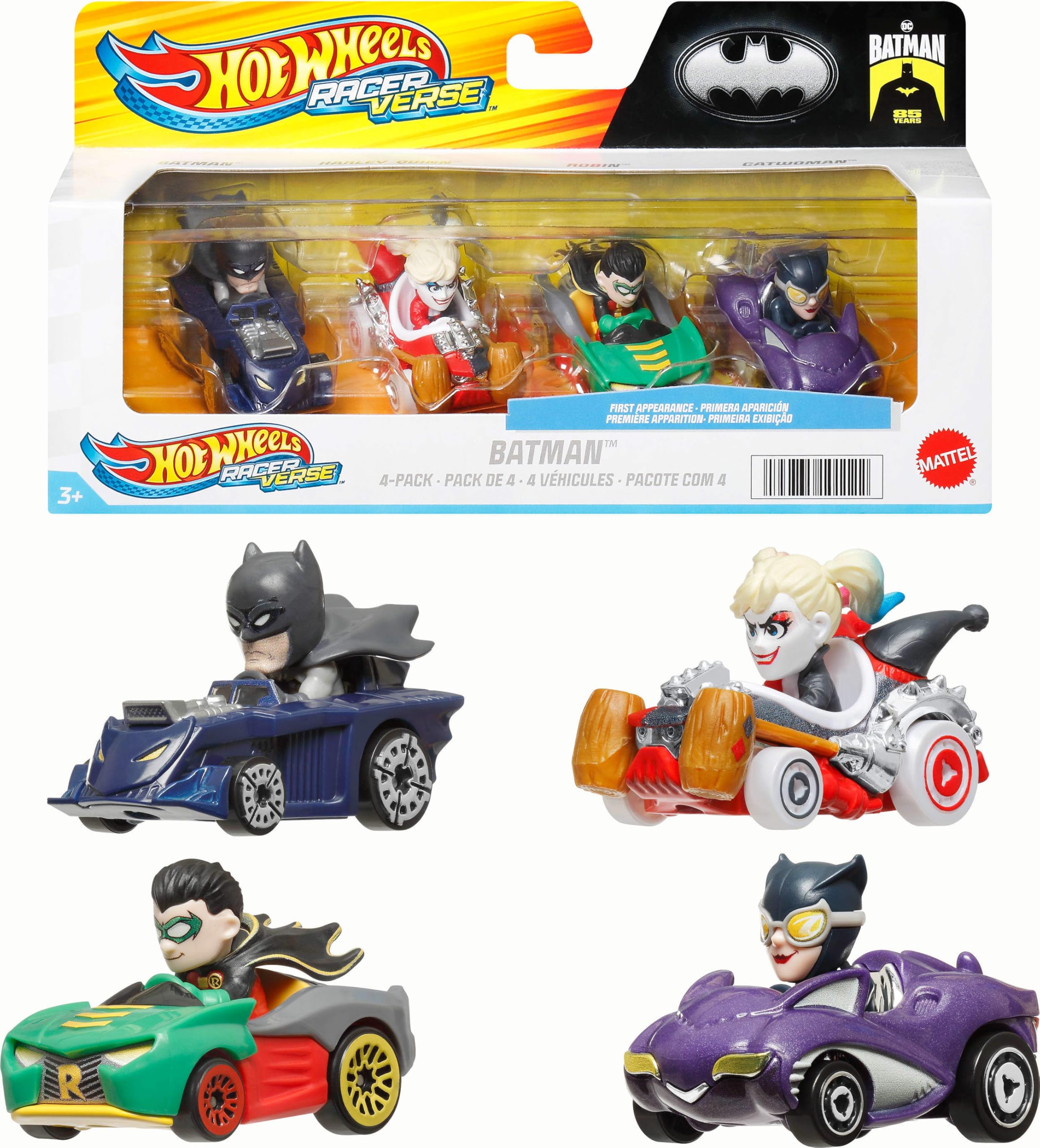 Hot Wheels RacerVerse, set di 4 macchinine giocattolo pressofuse in scala 1:64 ottimizzate per la guida su piste personaggi della cultura pop come piloti