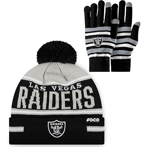 FOCO NFL unisex-adult Nfl Team Logo Adult Stretch Gloves With Big Wordmark Strip Pom Knit Hat Beanie Set