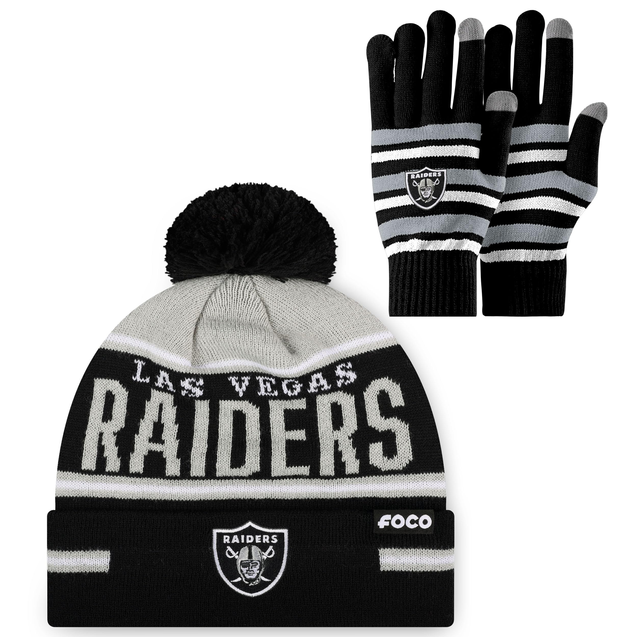 FOCO NFL unisex-adult Nfl Team Logo Adult Stretch Gloves With Big Wordmark Strip Pom Knit Hat Beanie Set