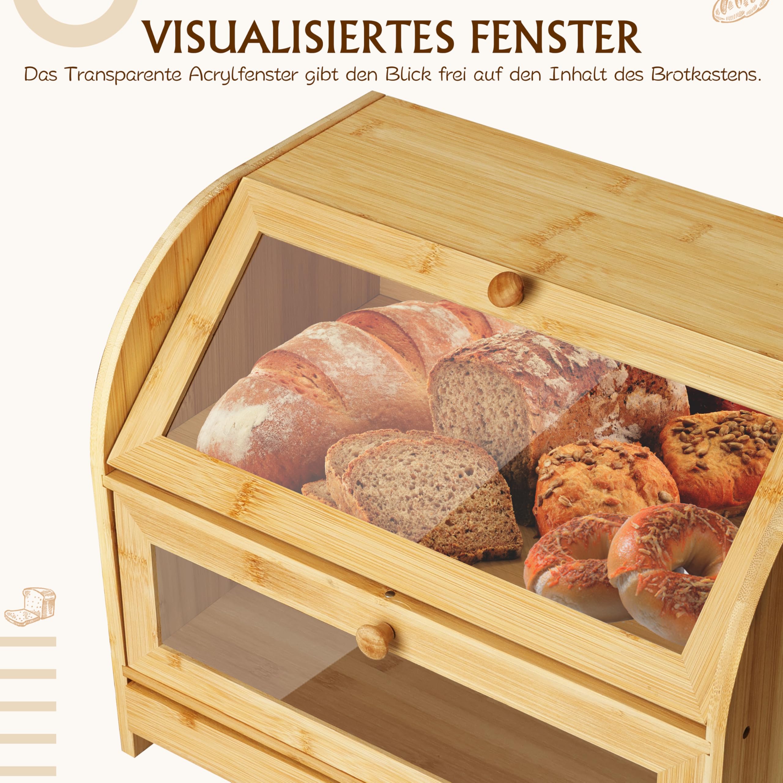 Ribelli Bambus Brotkasten mit 2 Etagen und Schublade, Großer Brotbehälter mit Brotschneidebrett, Holz Brotbox mit Deckel, Lebensmittelecht Brotaufbewahrung
