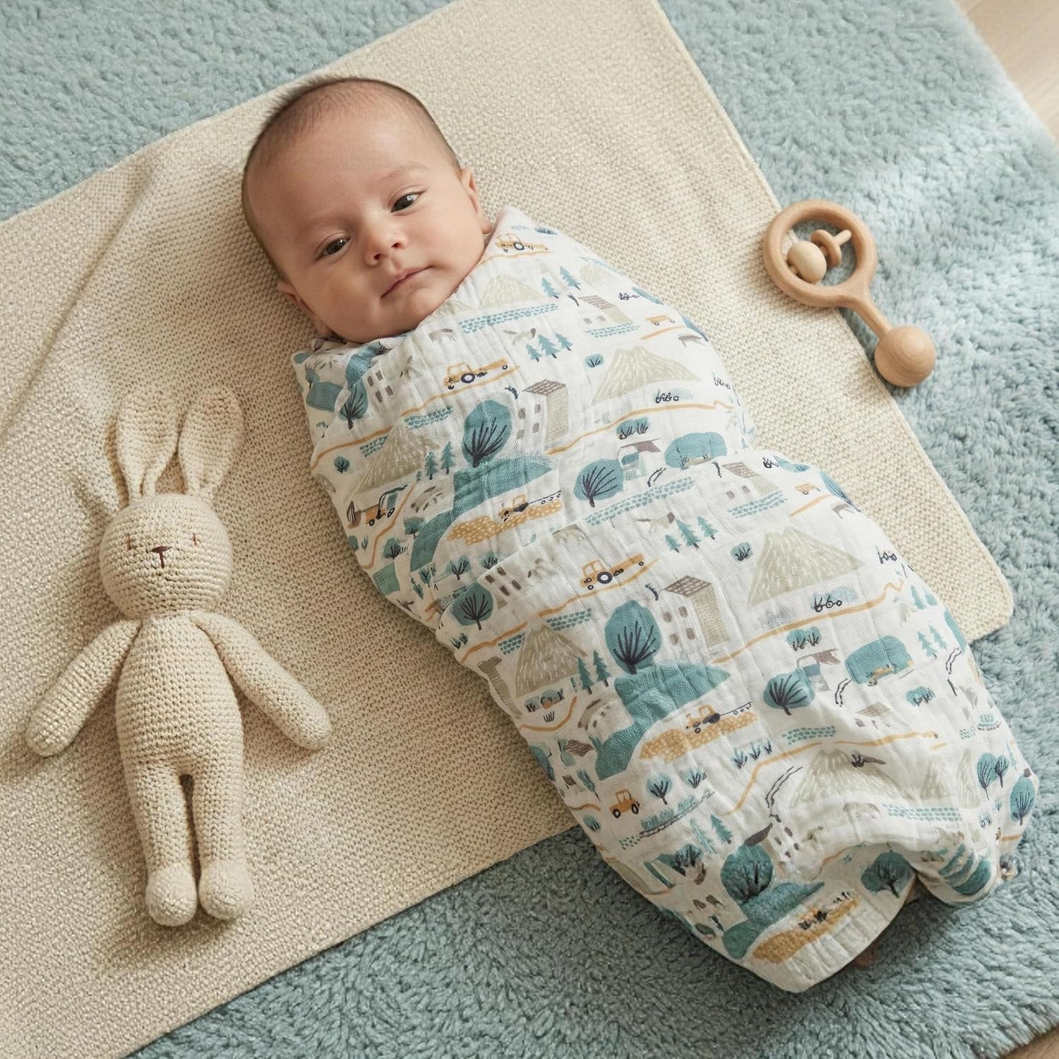 Muslin Swaddle Blankets for Newborn, 4 Pack Cotton Baby Blankets, Large 31.5 x 43.3 inch Breathable Soft Receiving Blanket, Essentials Swaddle Wrap Burping Clothes, Blue Farm Country