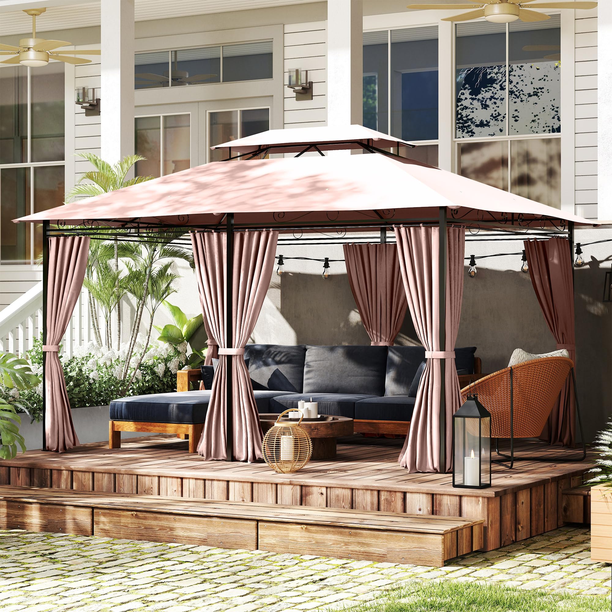 Outsunny Gazebo 4x3m Doppio Tetto Acciaio Tende Zip Impermeabili Anti UV Cachi