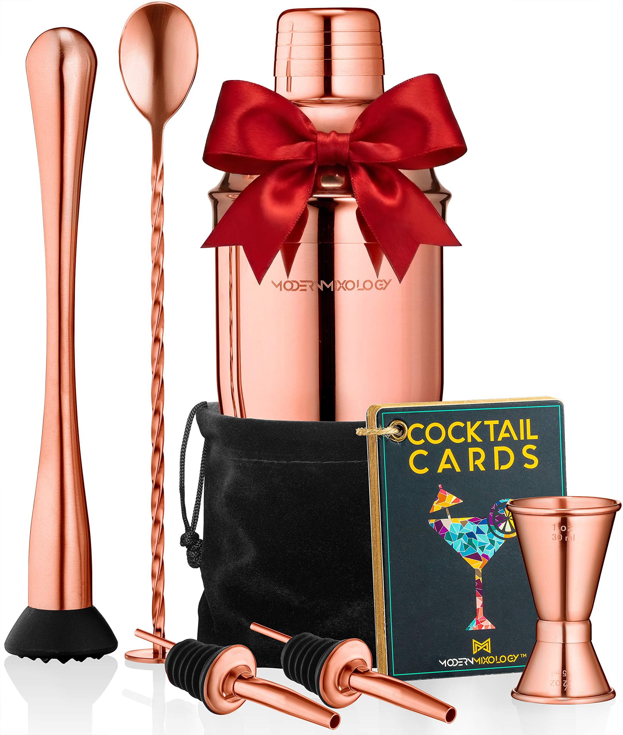 Modern Mixology 8-Piece Cocktail Shaker Set with Velvet Bag | Complete Cocktail Kit Gift Set | Top Bartender Gifts for Men & Women | Travel Bar Tools (Copper)