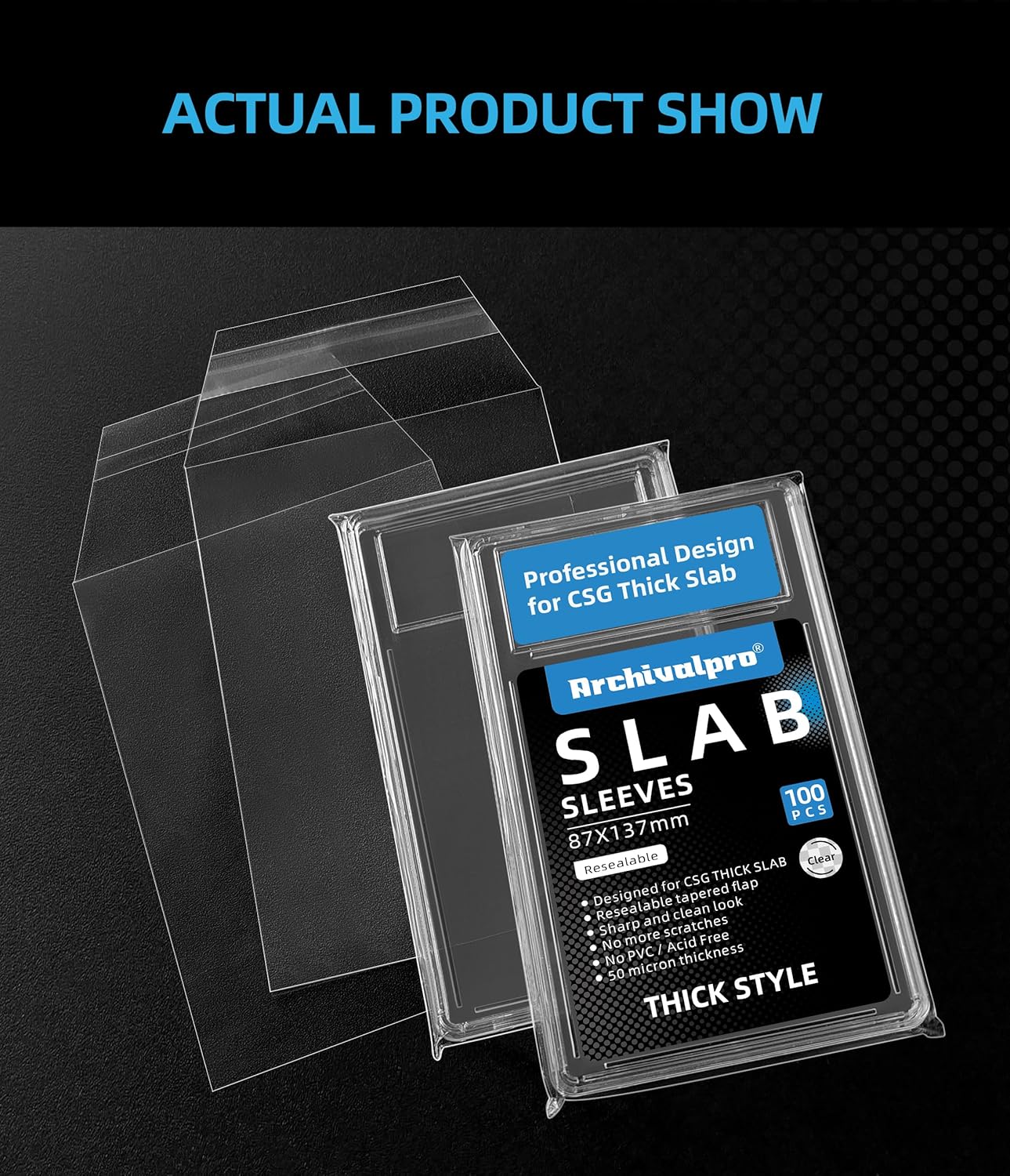 CSG Thick Graded Card Sleeves (3.43"x5.39") 100 Pack - Crystal Clear Slab Protector Bags for CSG Cards, Acid-Free Card Saver
