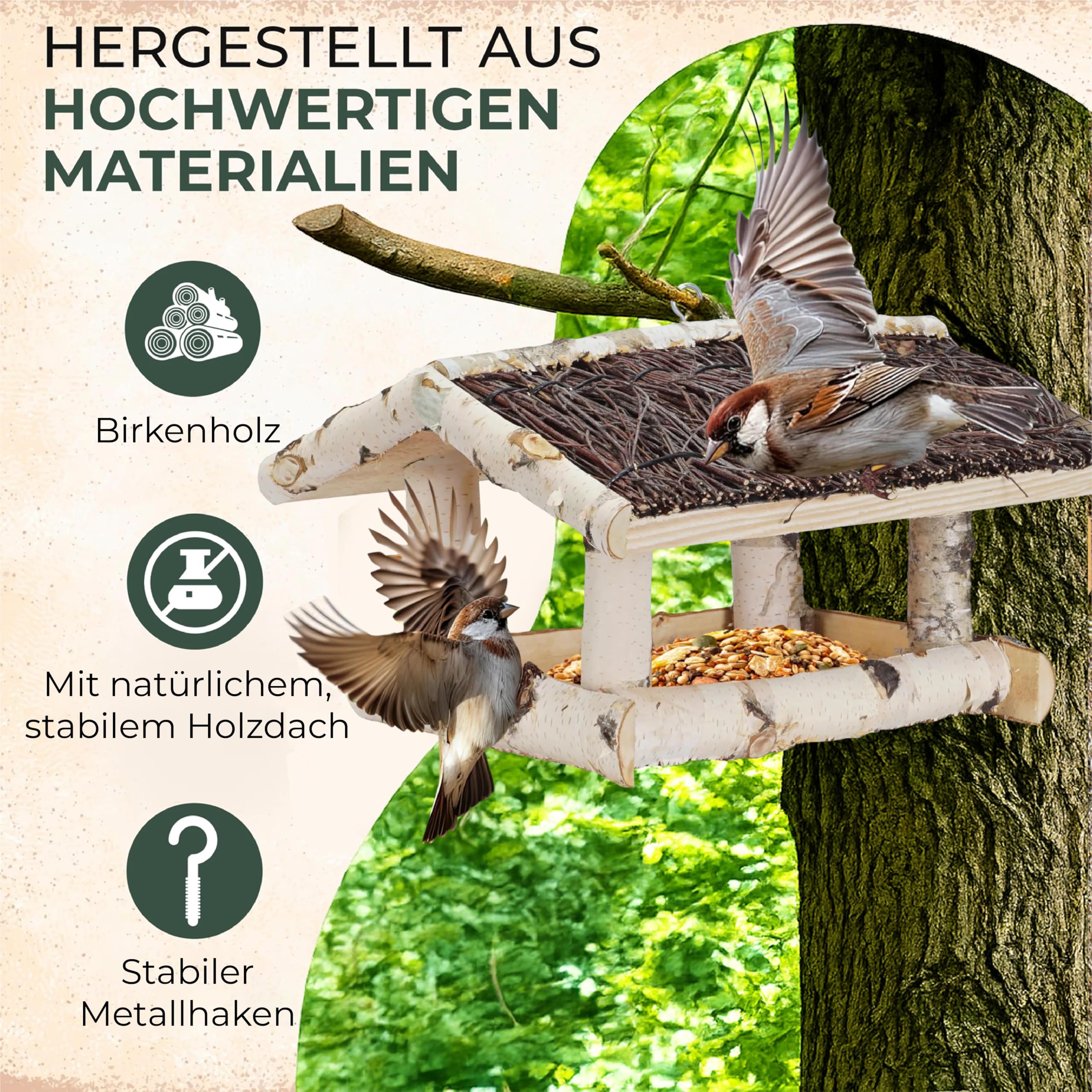 Vogelfutterhaus zum Aufhängen - Futterhaus für Vögel hängend - Bird House - wetterfest -wetterbeständiges Dach, 39×35×25 cm, inkl. 500g Vogelfutter sofort einsatzbereit Handgefertigt in der EU