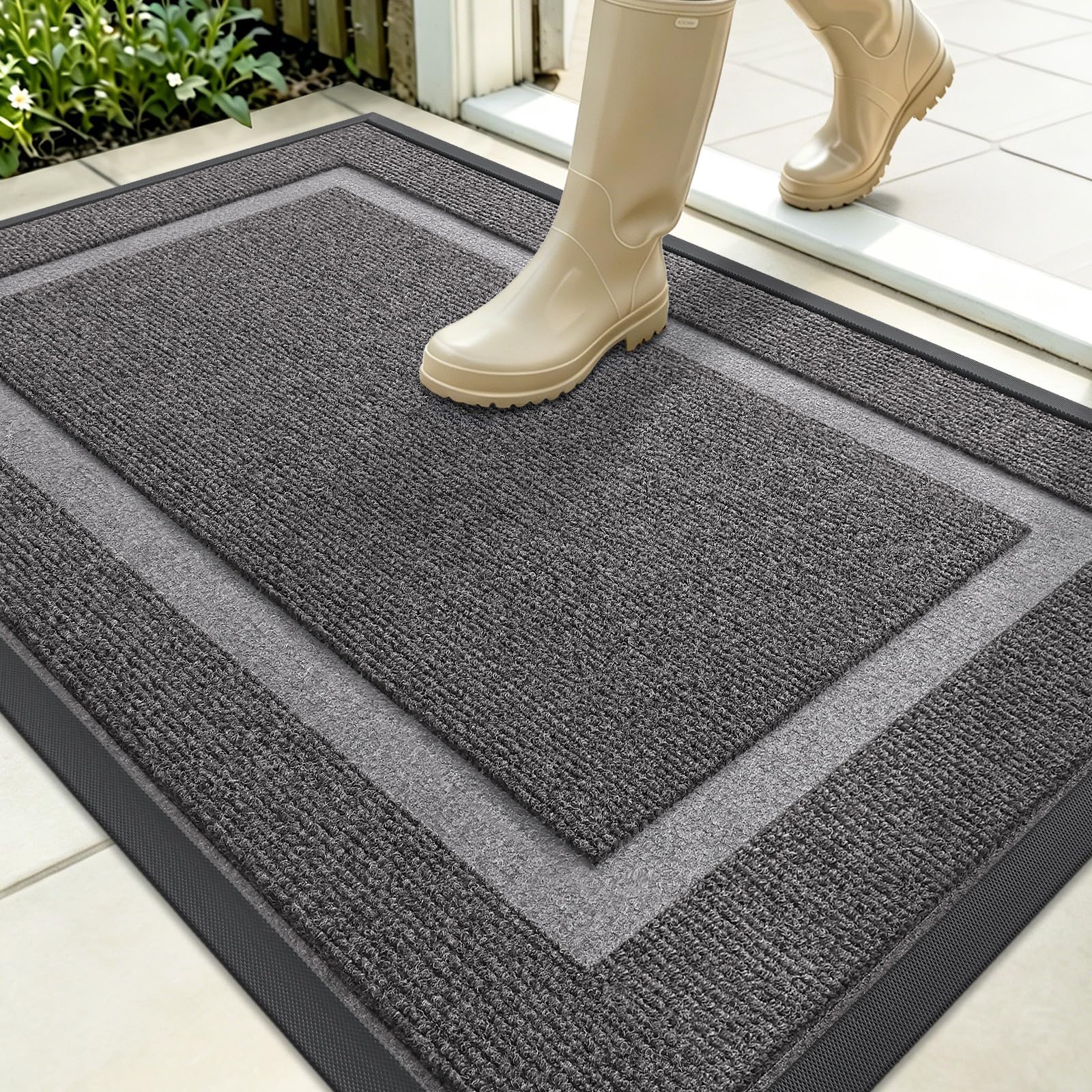 OLANLY Front Door Mat Outside 35x23, All-Season Heavy-Duty Rubber Doormat | Dark Grey, Absorbent, Stain Fade Resistant, Waterproof Non-Slip Backing, Low-Profile Indoor Outdoor Floor Mat for Entryway