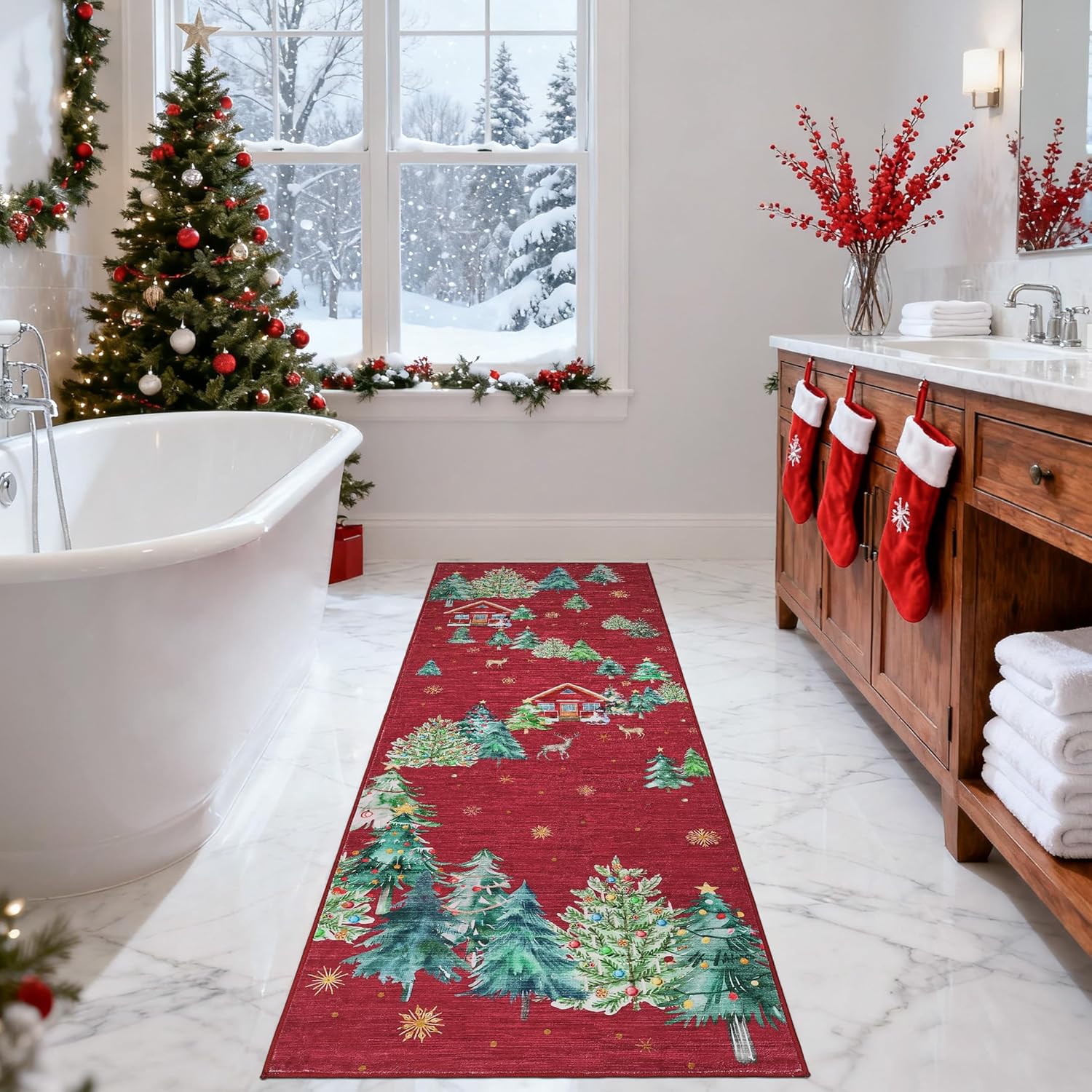 GarveeHome Christmas Runner Rug 2x8 Washable Kitchen Runner Non Slip Bath Rugs Low Pile Entryway Rug Xmas Tree Foldable Stain Resistant Carpet for Bedside Hallway Entry Laundry 2 ft x8 ft Spruce|Red