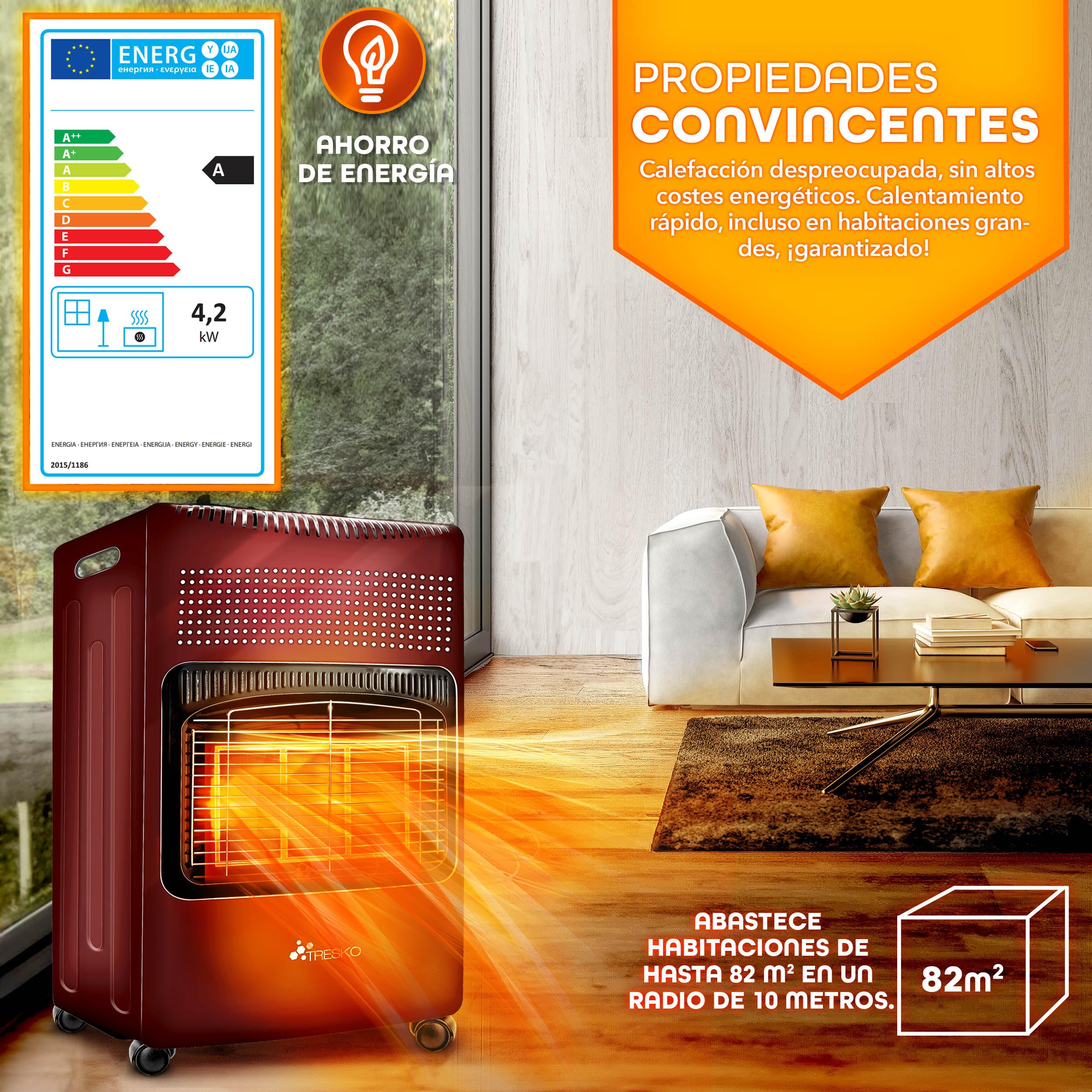 TRESKO Estufa de gas butano plegable 4200W | Estufa cerámica con regulador, manguera y cubierta de protección | Calefactor portátil con 3 niveles de potencia | Dispositivo de calefacción interior