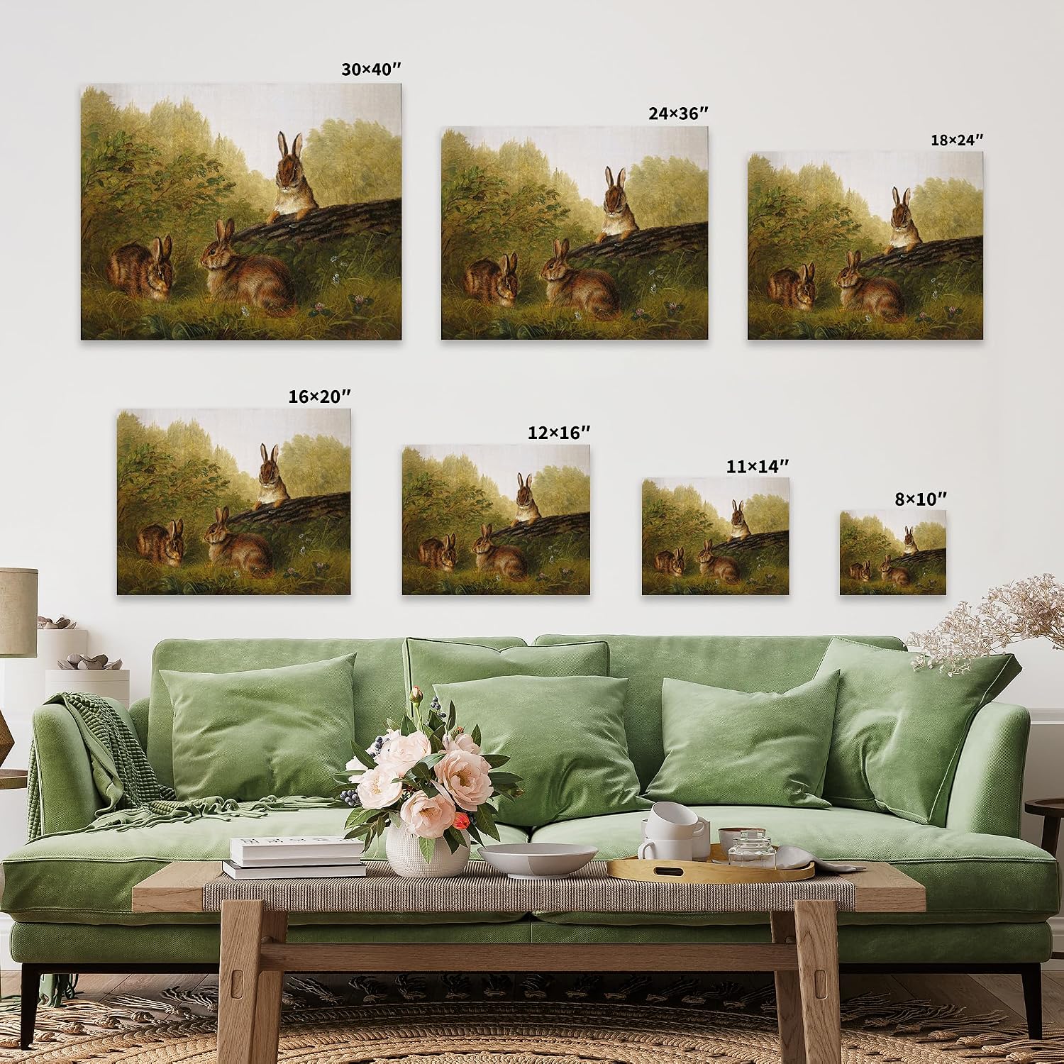 Monem Art Vintage Rabbits On A Log Painting Canvas - Retro Easter Bunny Print - Forest & Jungle Art - Animal Lover Gift - Great Farmhouse or Nursery Wall Decor - Available in 8x10" to 30x40"